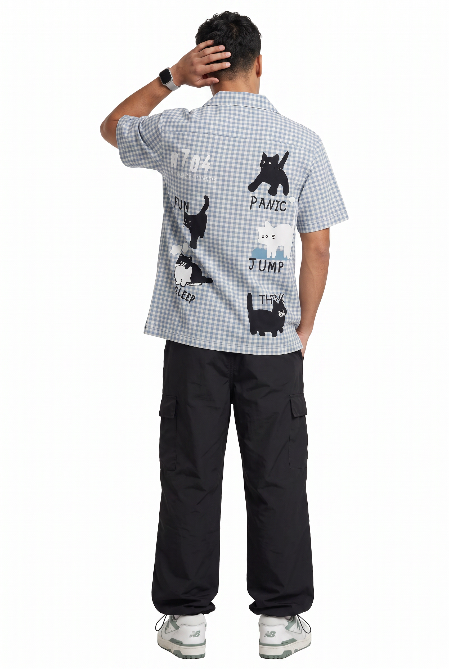 Blue Checked Graphic Cat Shirt