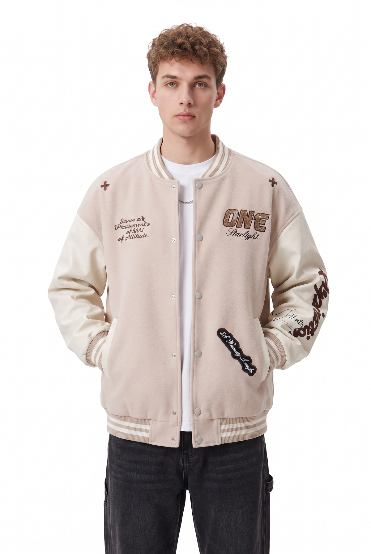 Embroidered Beige Varsity Jacket