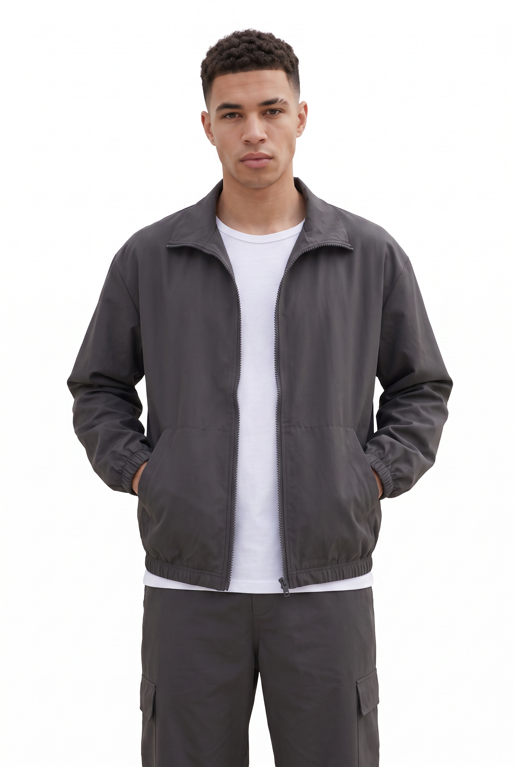 Grey Zip-Up Mandarin Collar Jacket