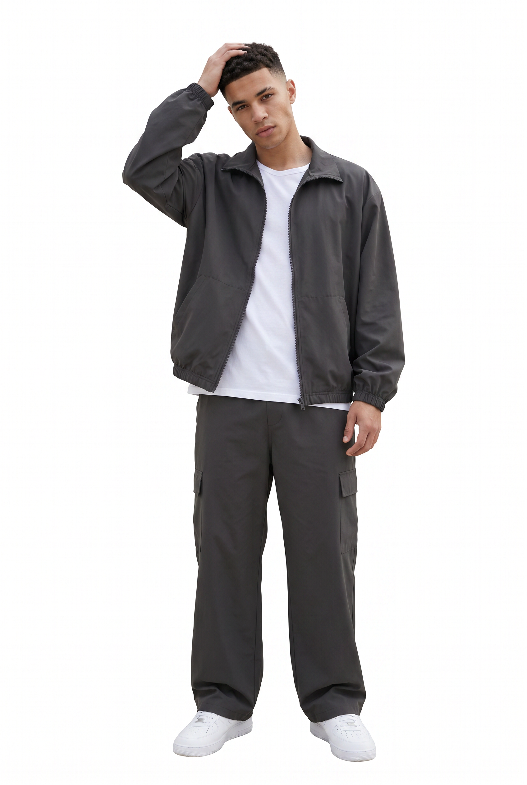 Grey Zip-Up Mandarin Collar Jacket