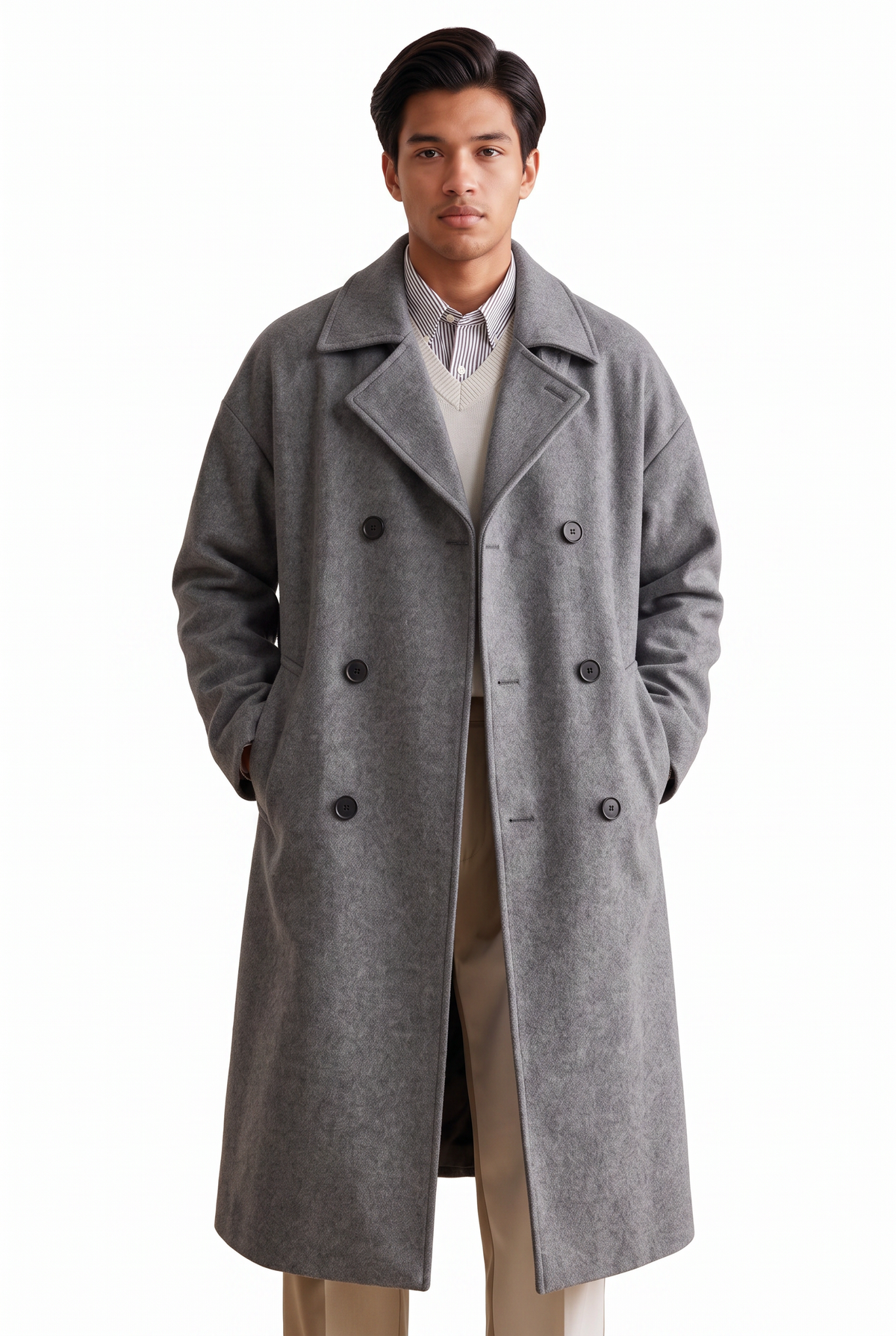 Double Breasted Grey Wool Overcoat