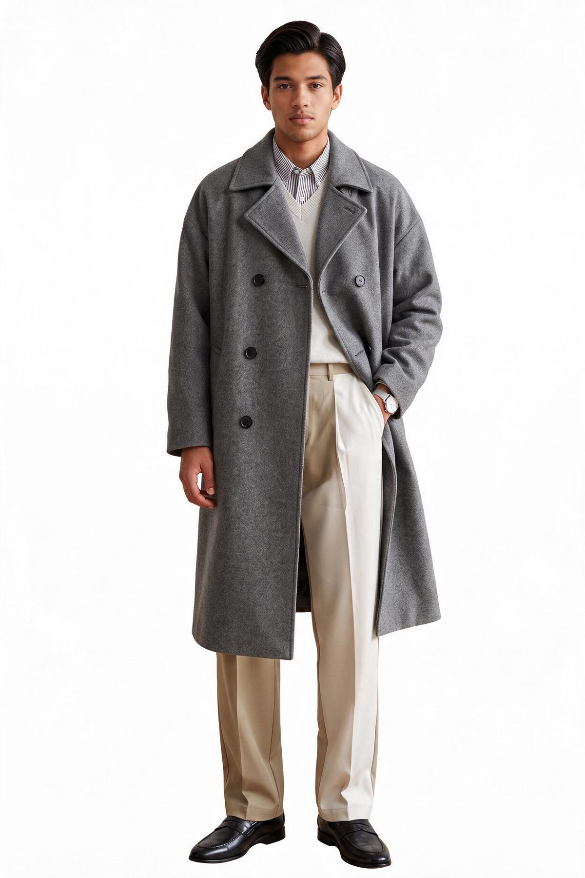 Double Breasted Grey Wool Overcoat