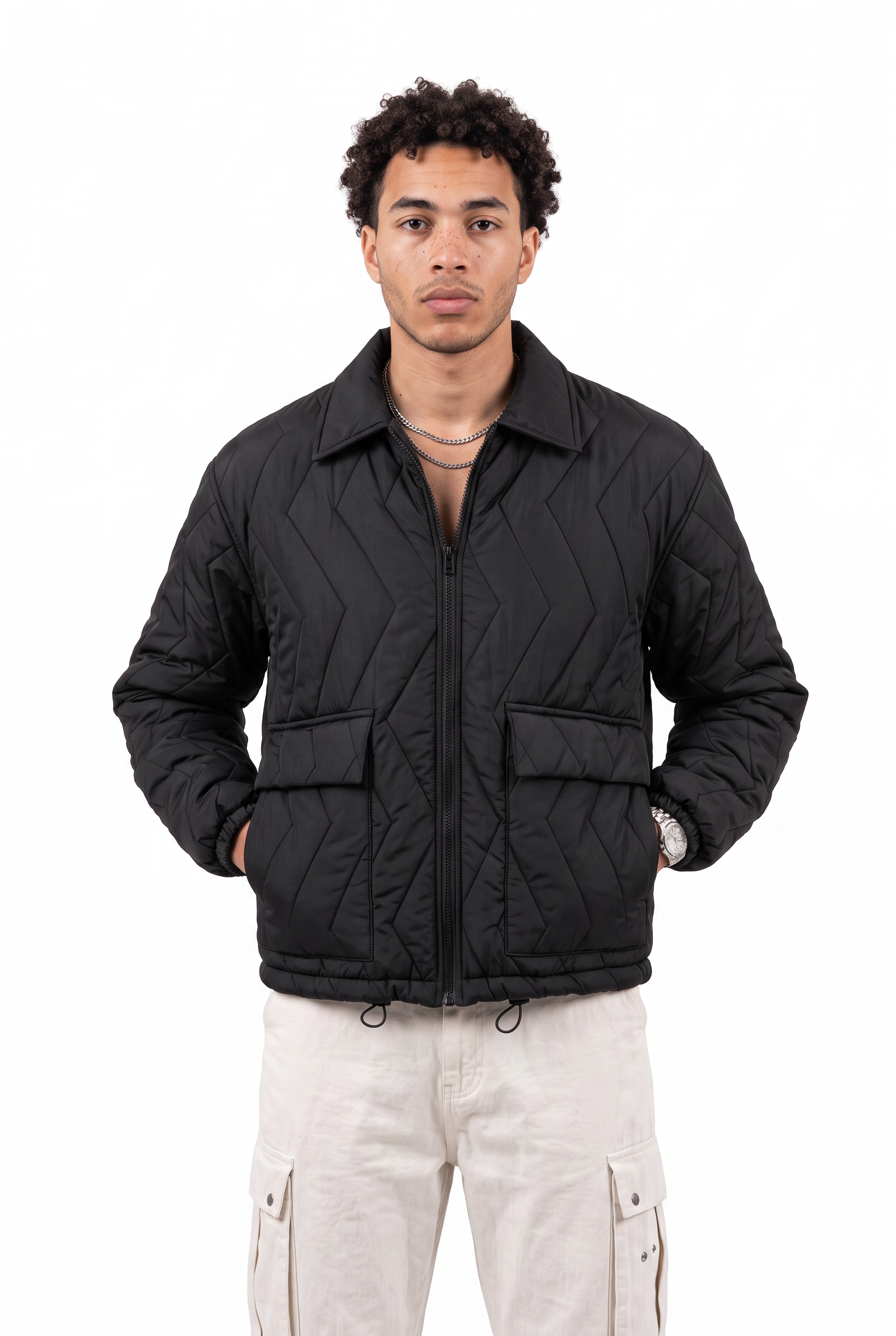 Black Zip-Up Mandarin Collar Jacket