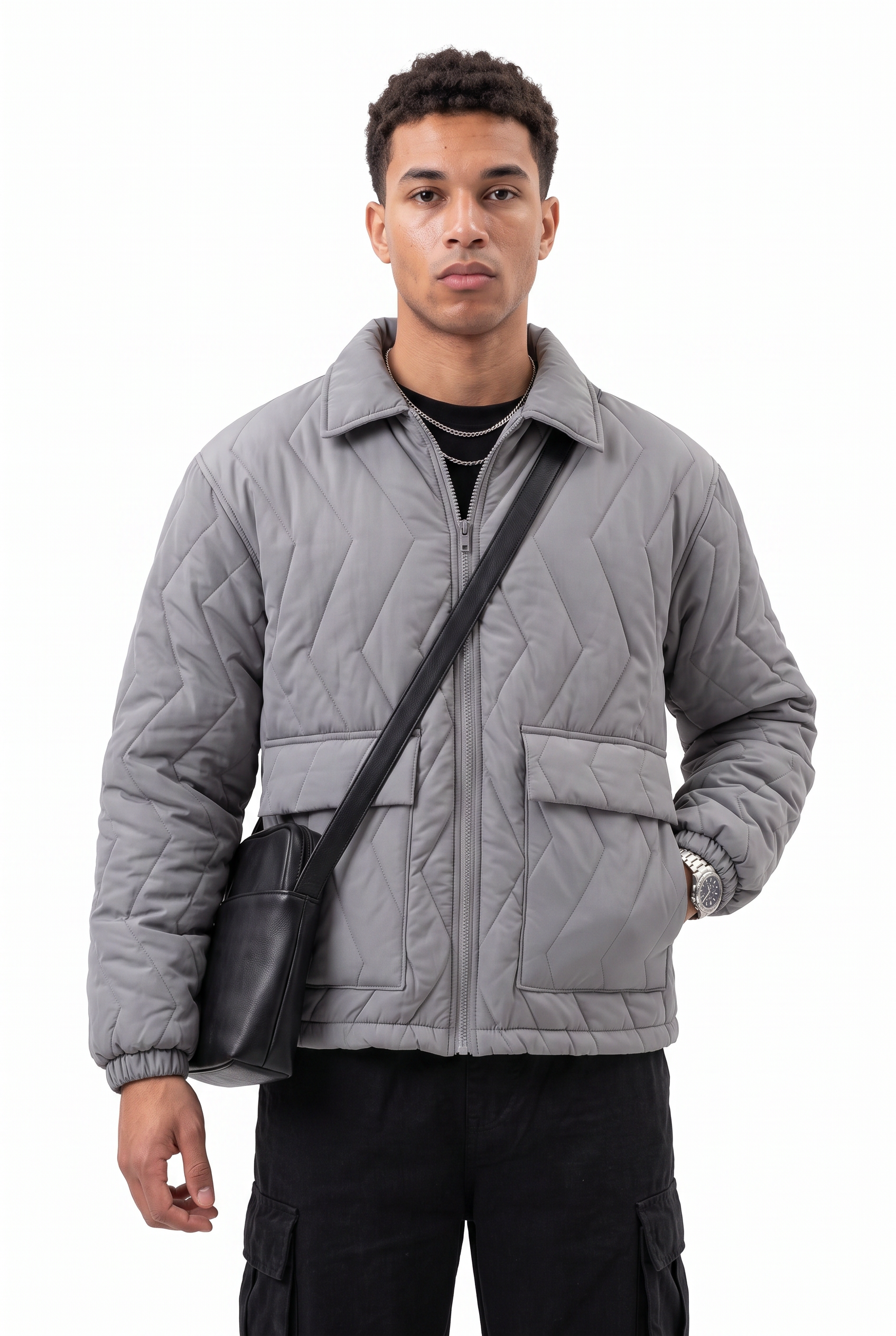 Grey Mandarin Collar Zip Jacket