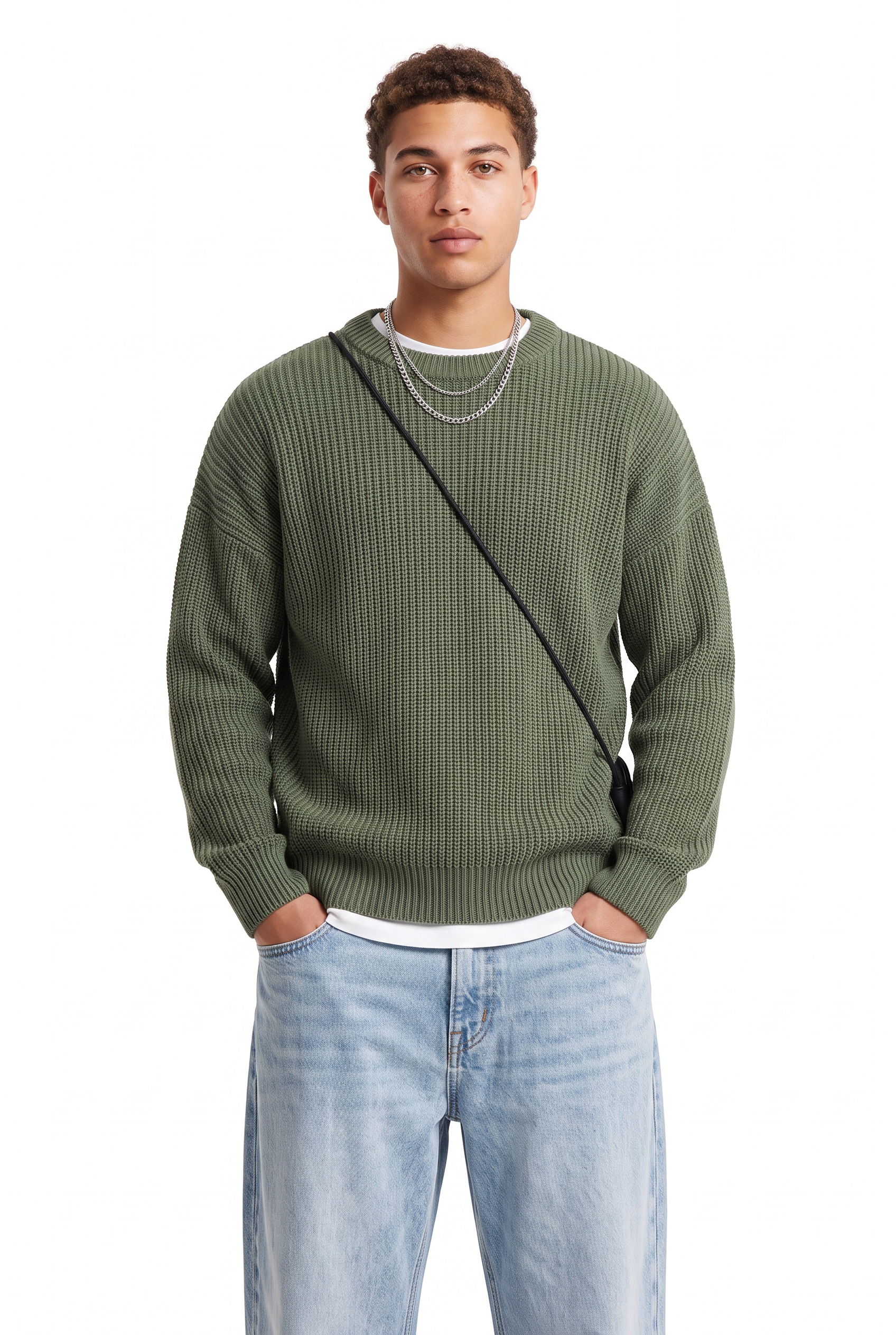 Olive Ribbed Crew Neck Sweater
