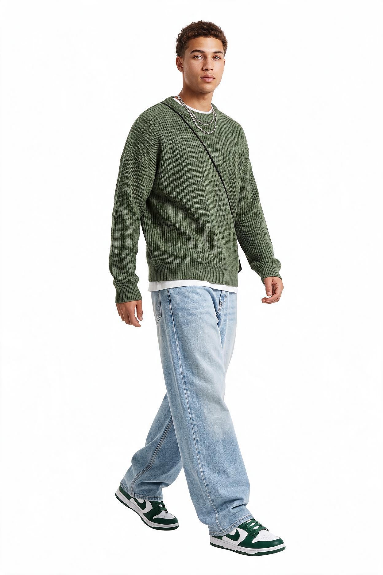 Olive Ribbed Crew Neck Sweater