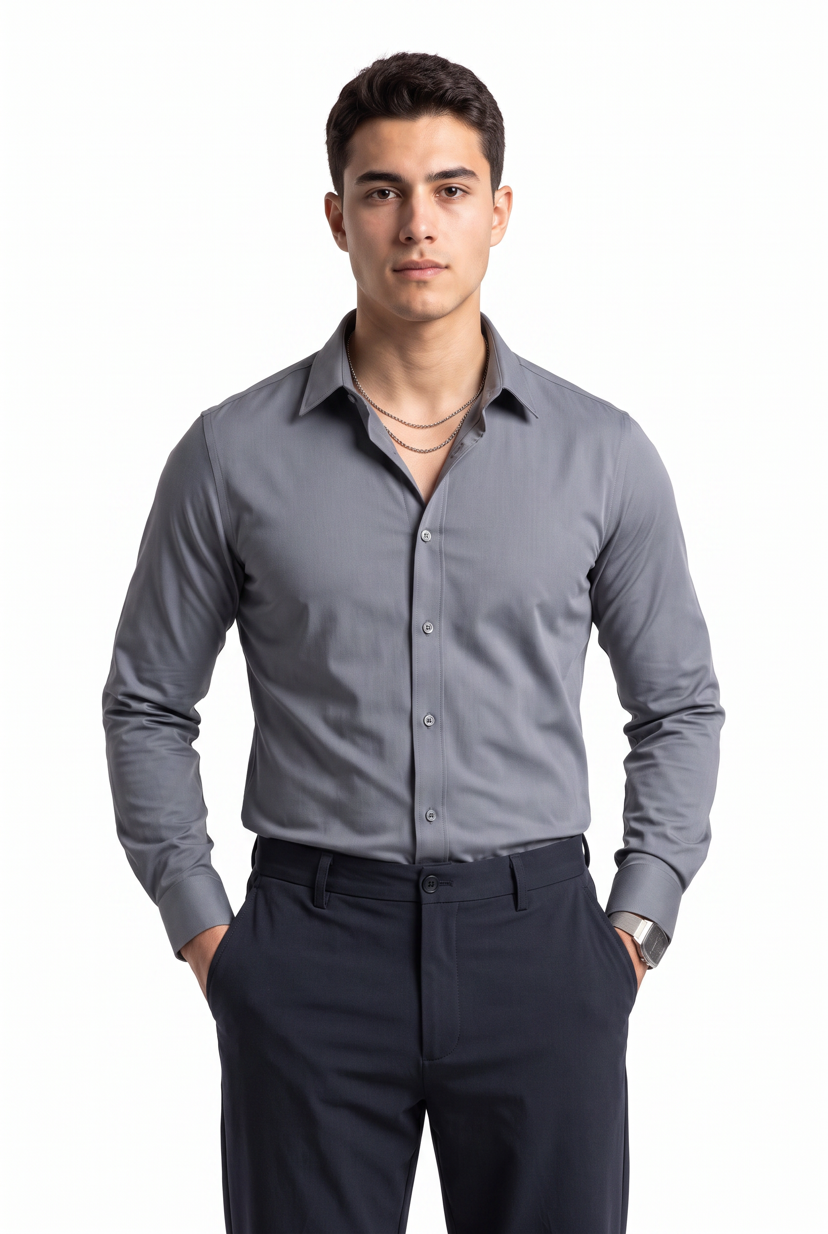 Grey Button-Down Collar Formal Shirt