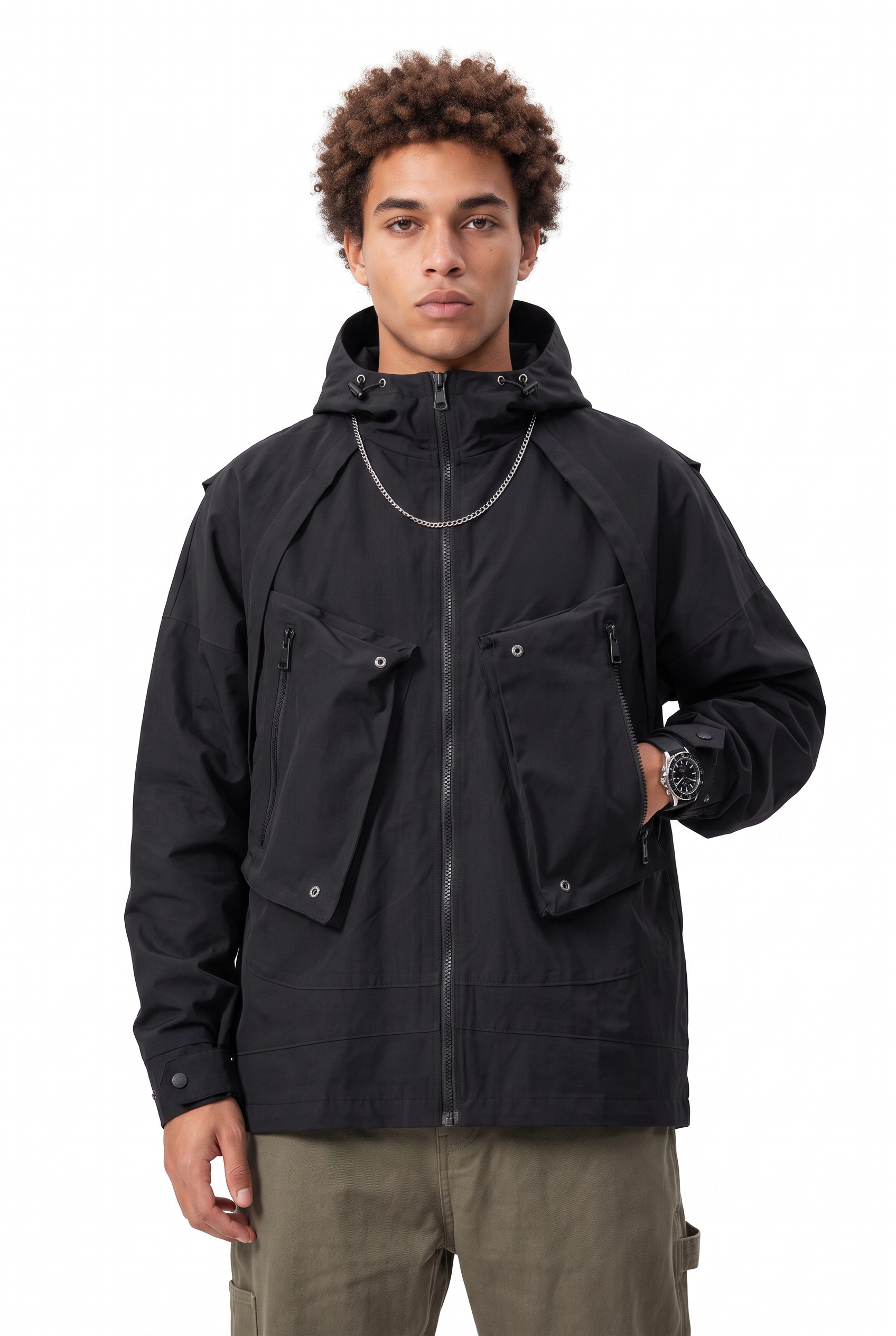 Black Zip-Up Mandarin Collar Jacket