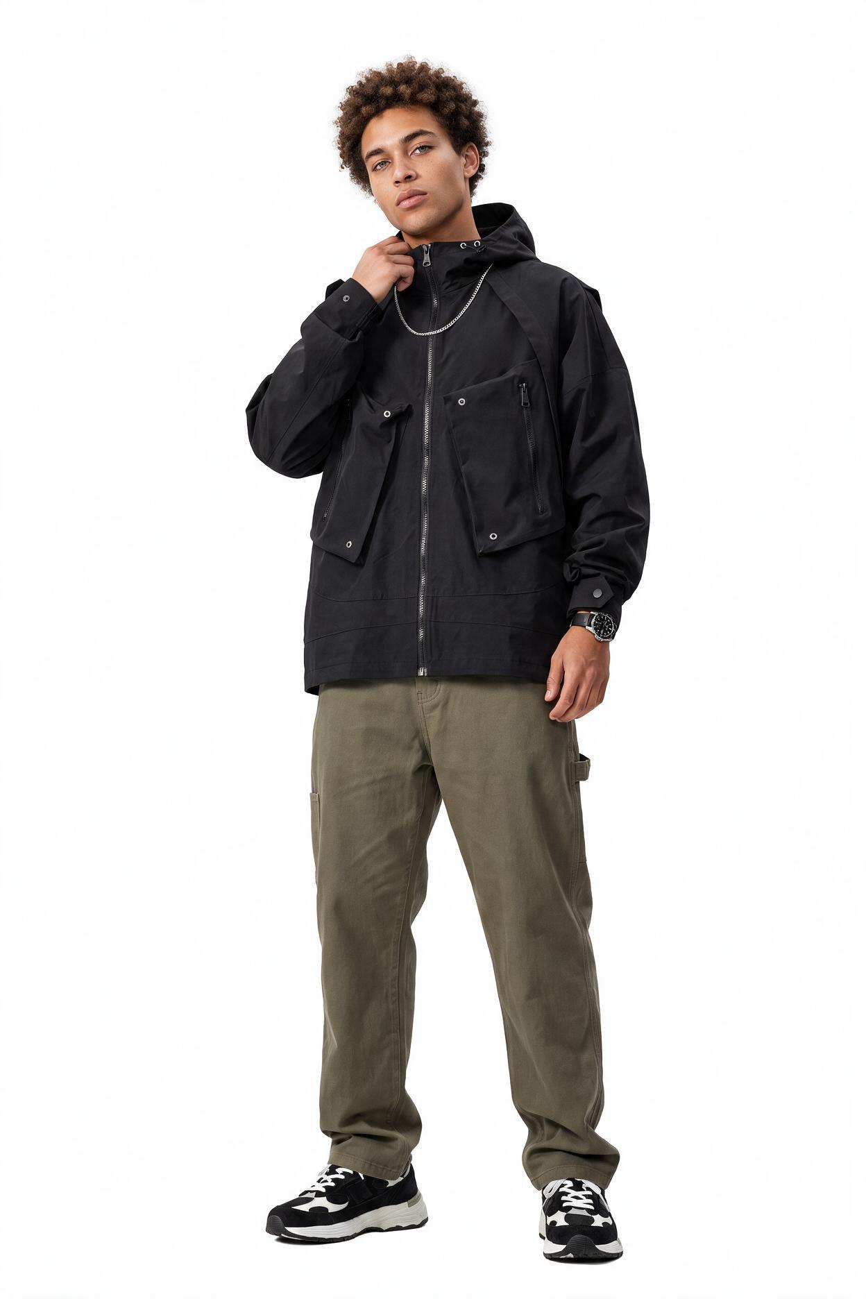 Black Zip-Up Mandarin Collar Jacket