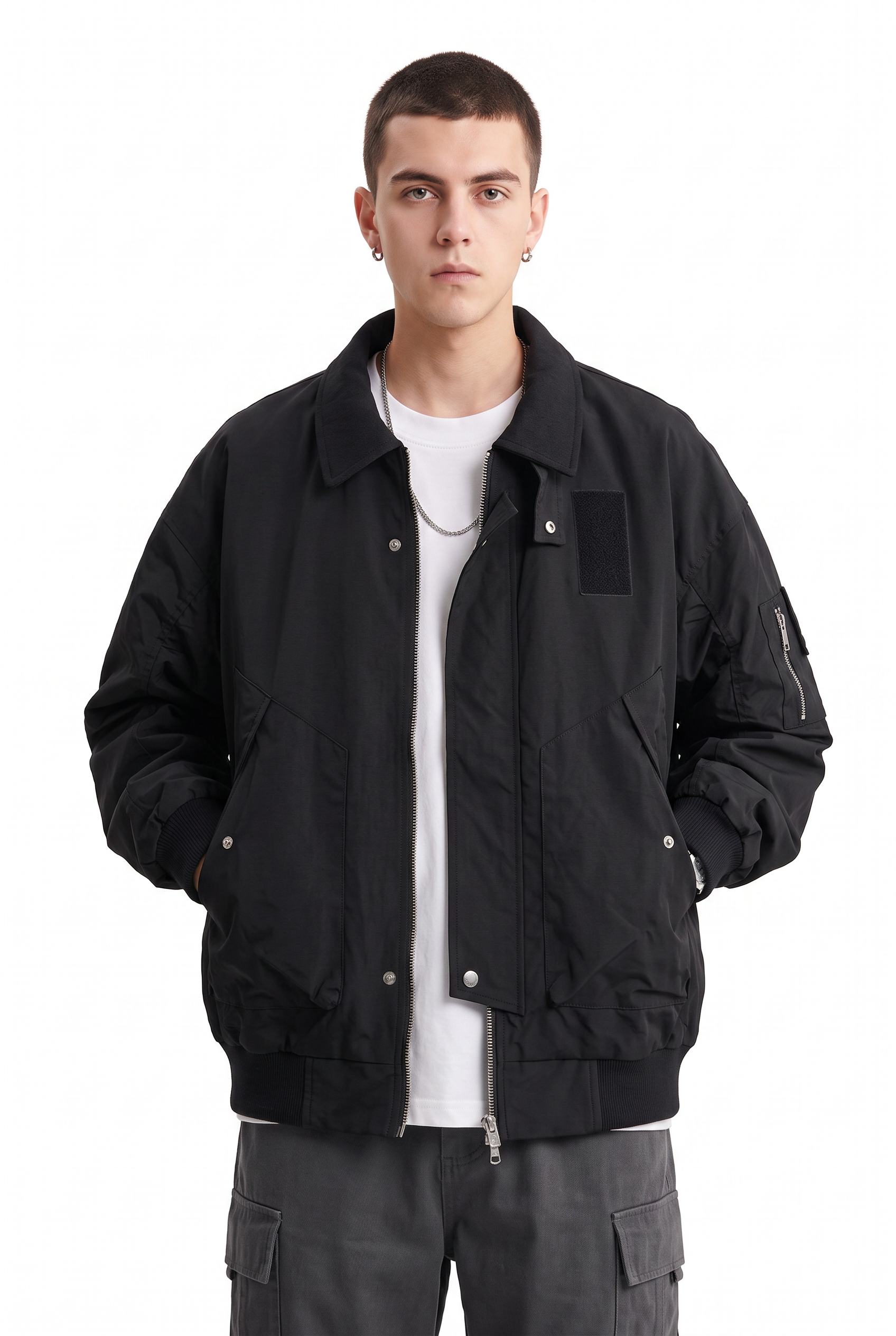 Black Zip-Up Mandarin Collar Jacket