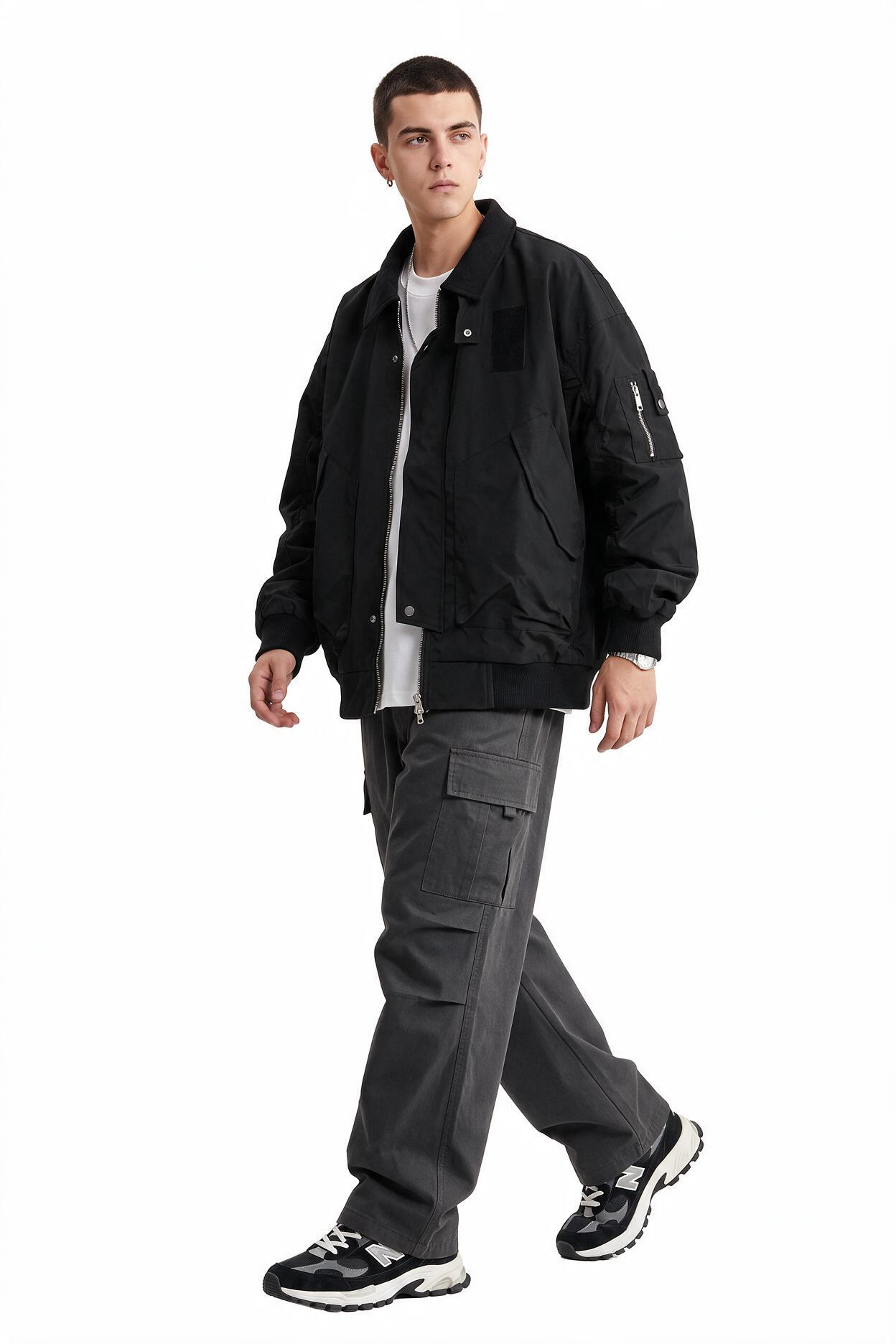 Black Zip-Up Mandarin Collar Jacket