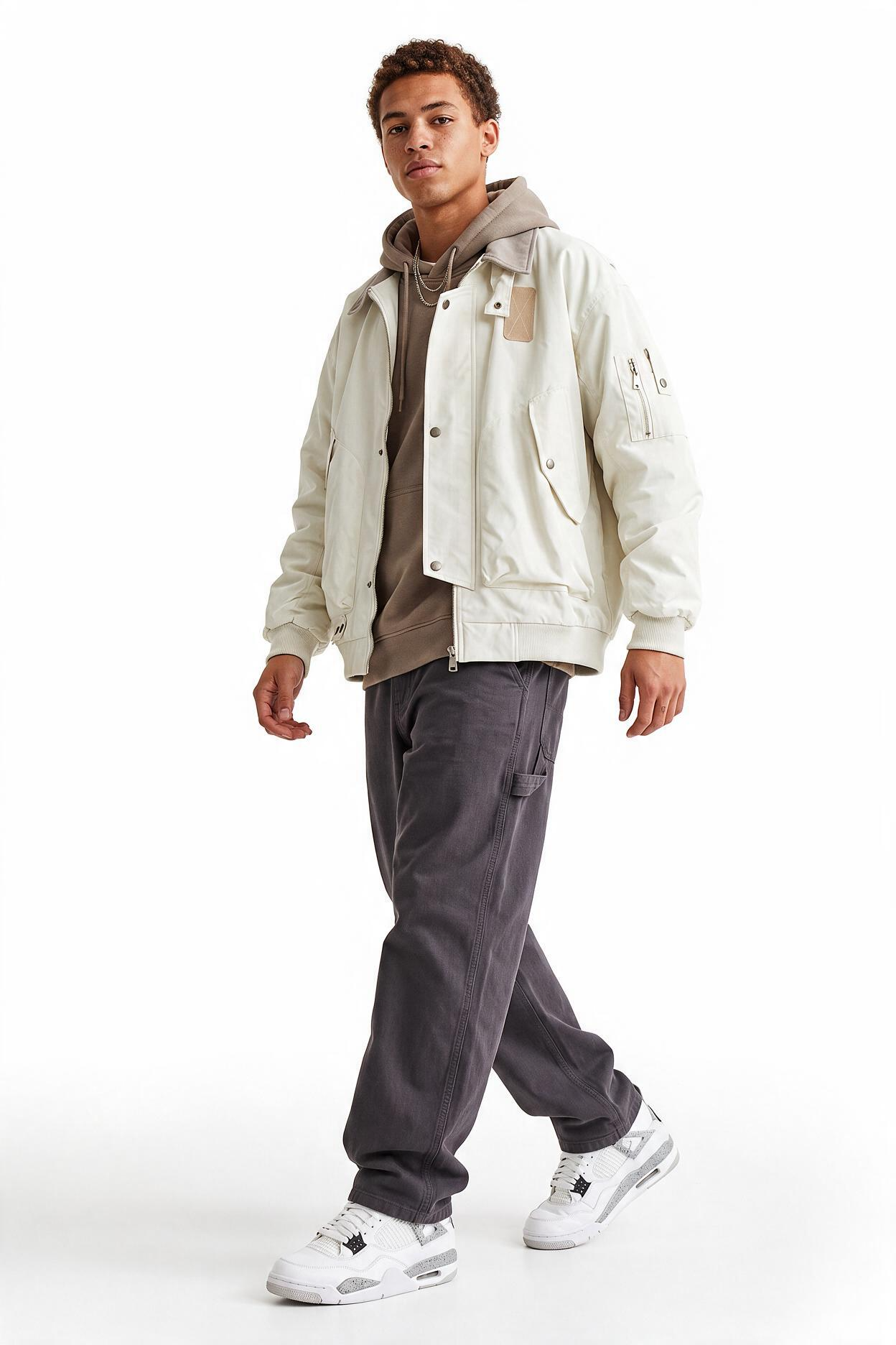 White Mandarin Collar Zip Jacket