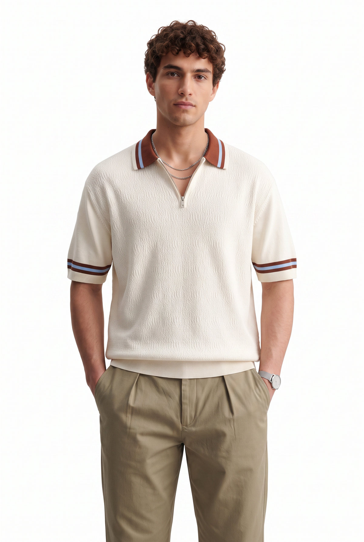 Zip Collar Cream Knit Polo