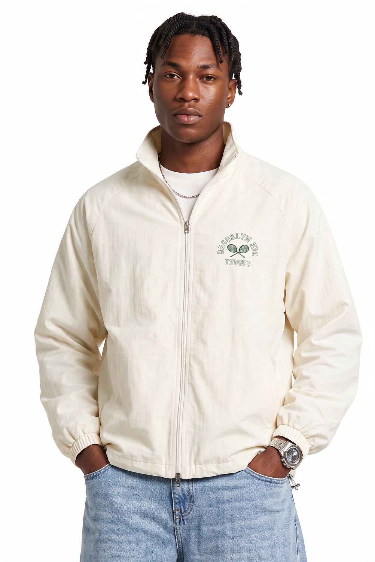 Cream Zip-Up Mandarin Collar Jacket