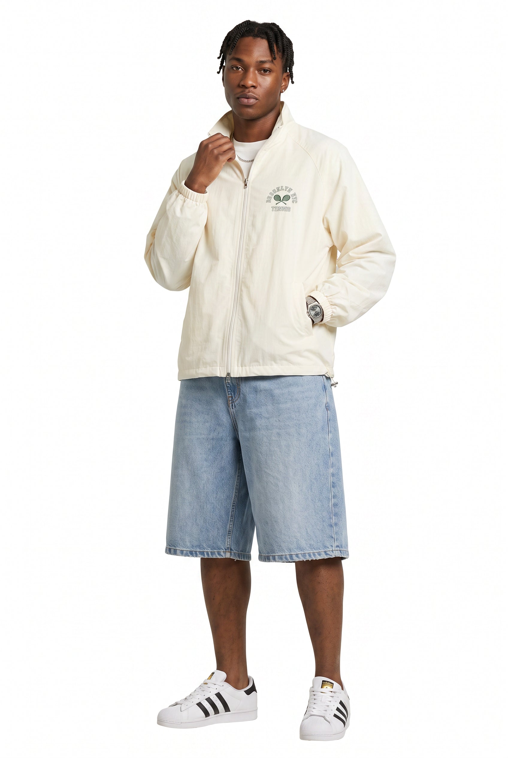 Cream Zip-Up Mandarin Collar Jacket
