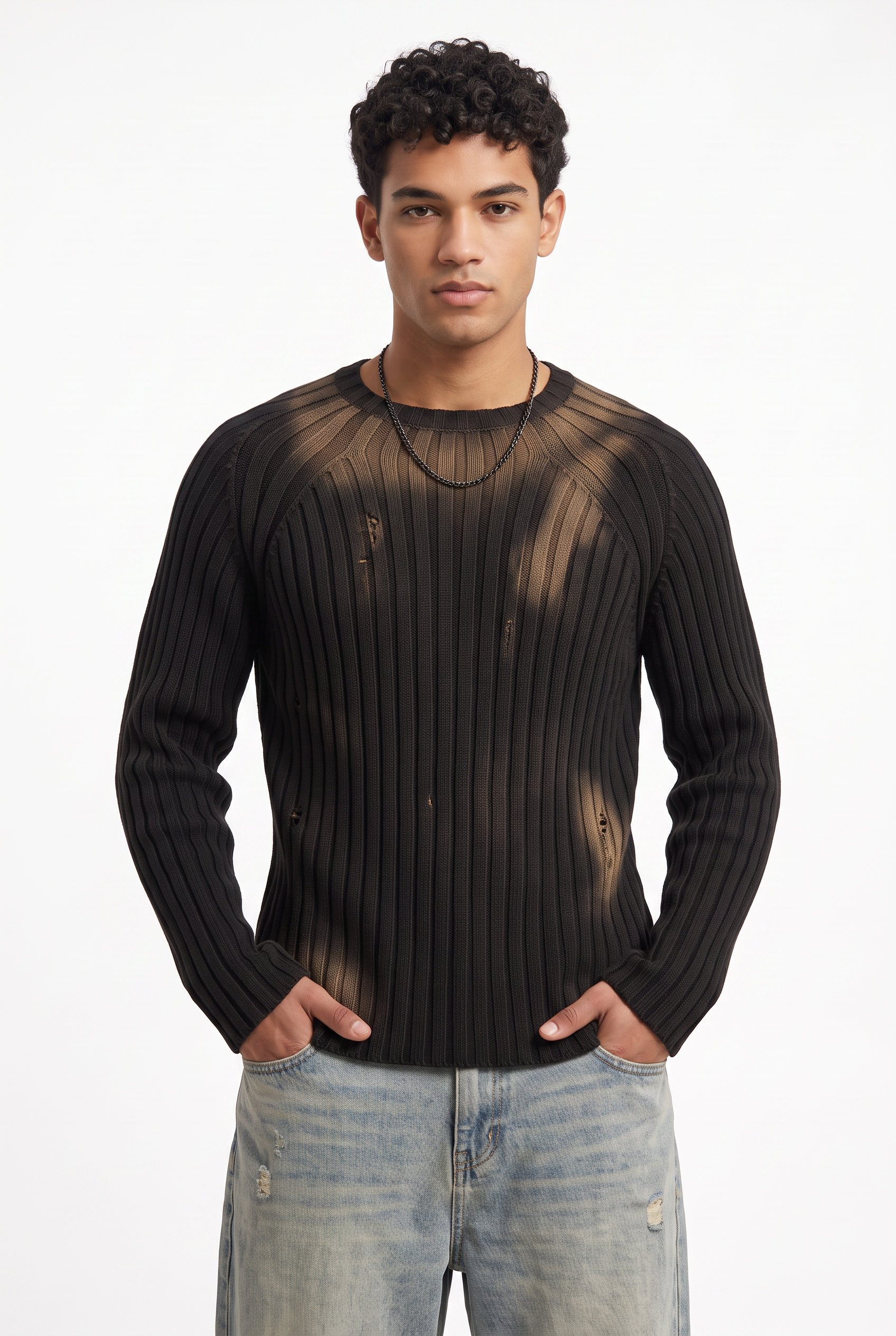 Black Ribbed Crew Neck Sweater