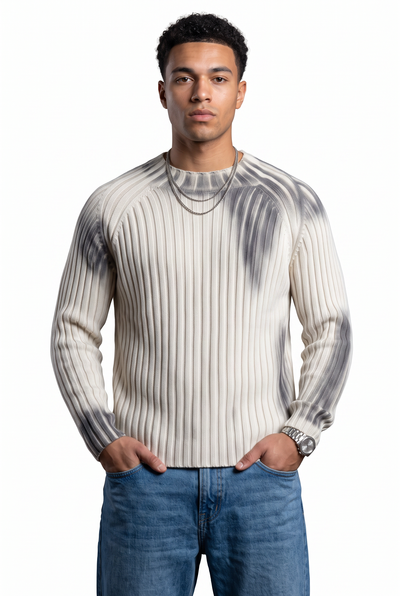 Cream Ribbed Crew Neck Sweater