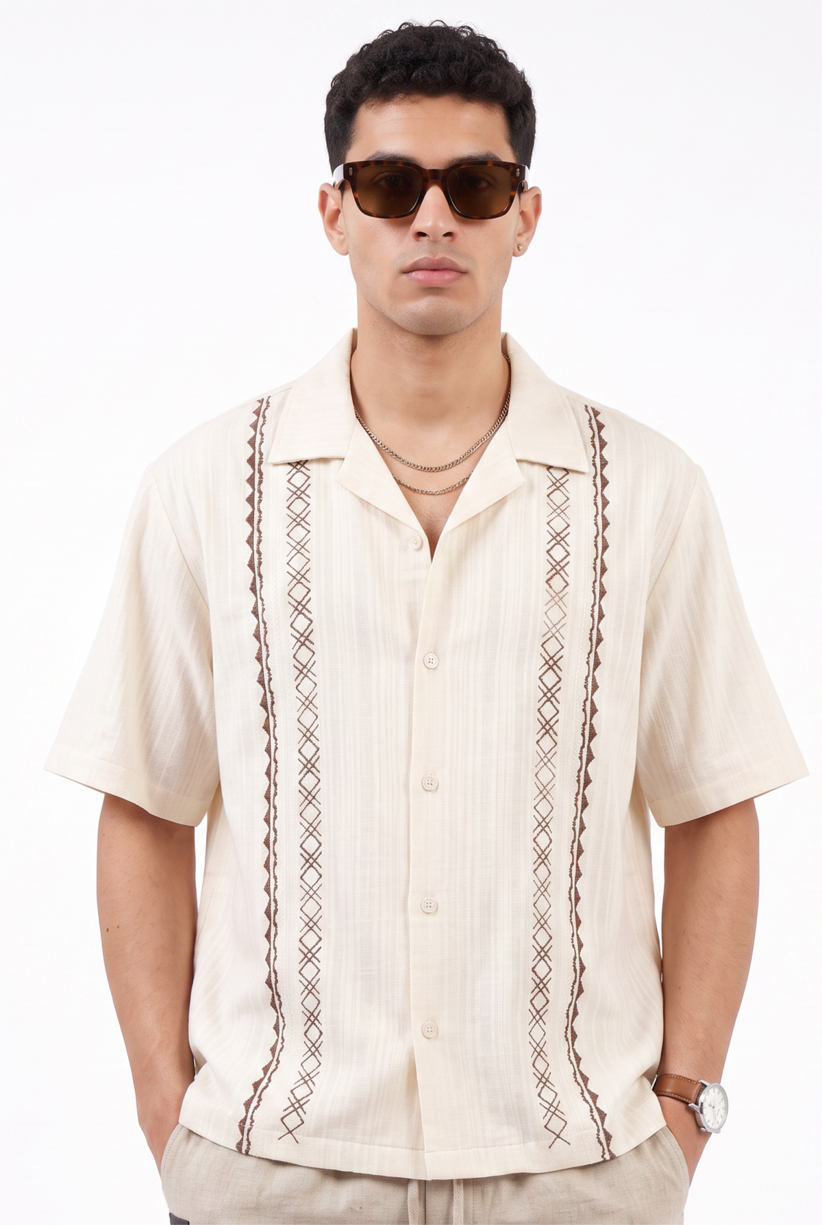 Embroidered Cream Camp Collar Shirt