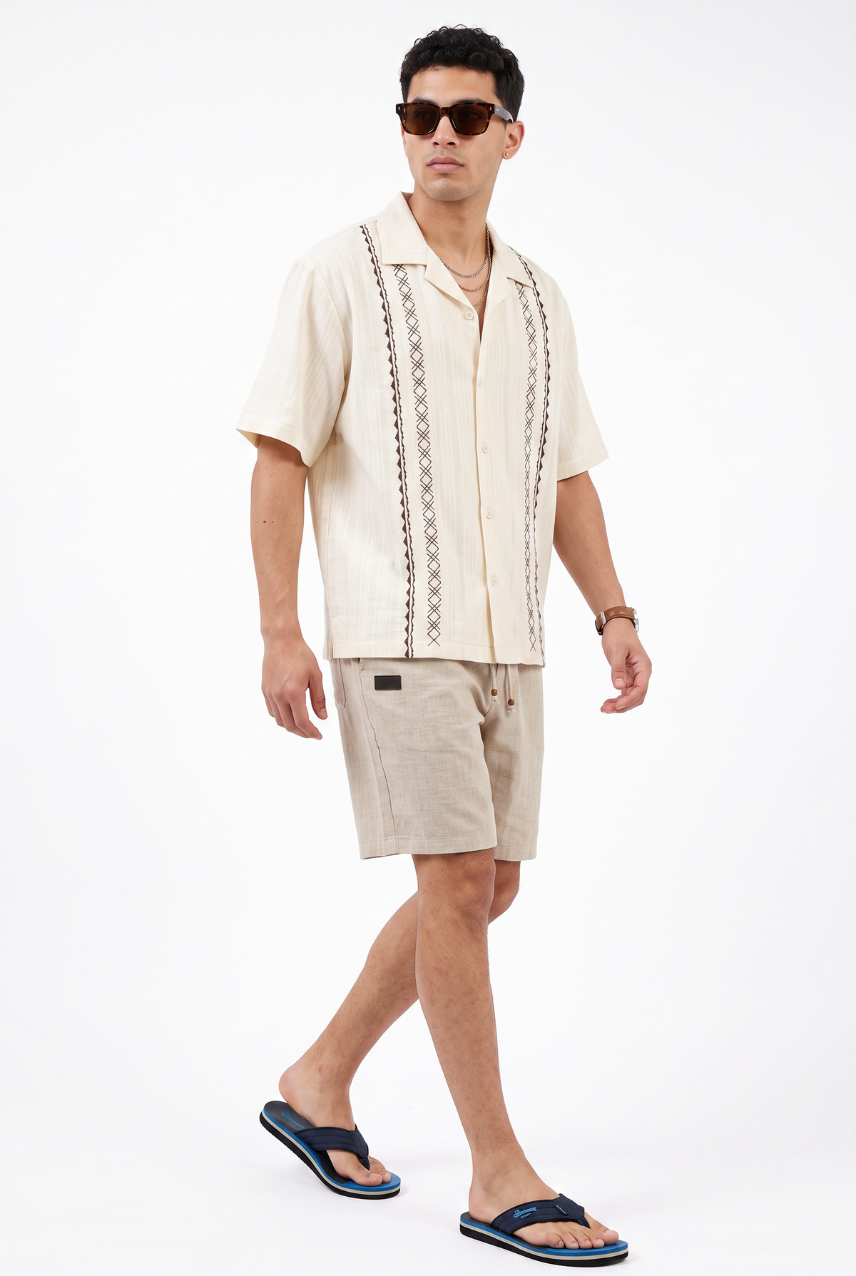 Embroidered Cream Camp Collar Shirt