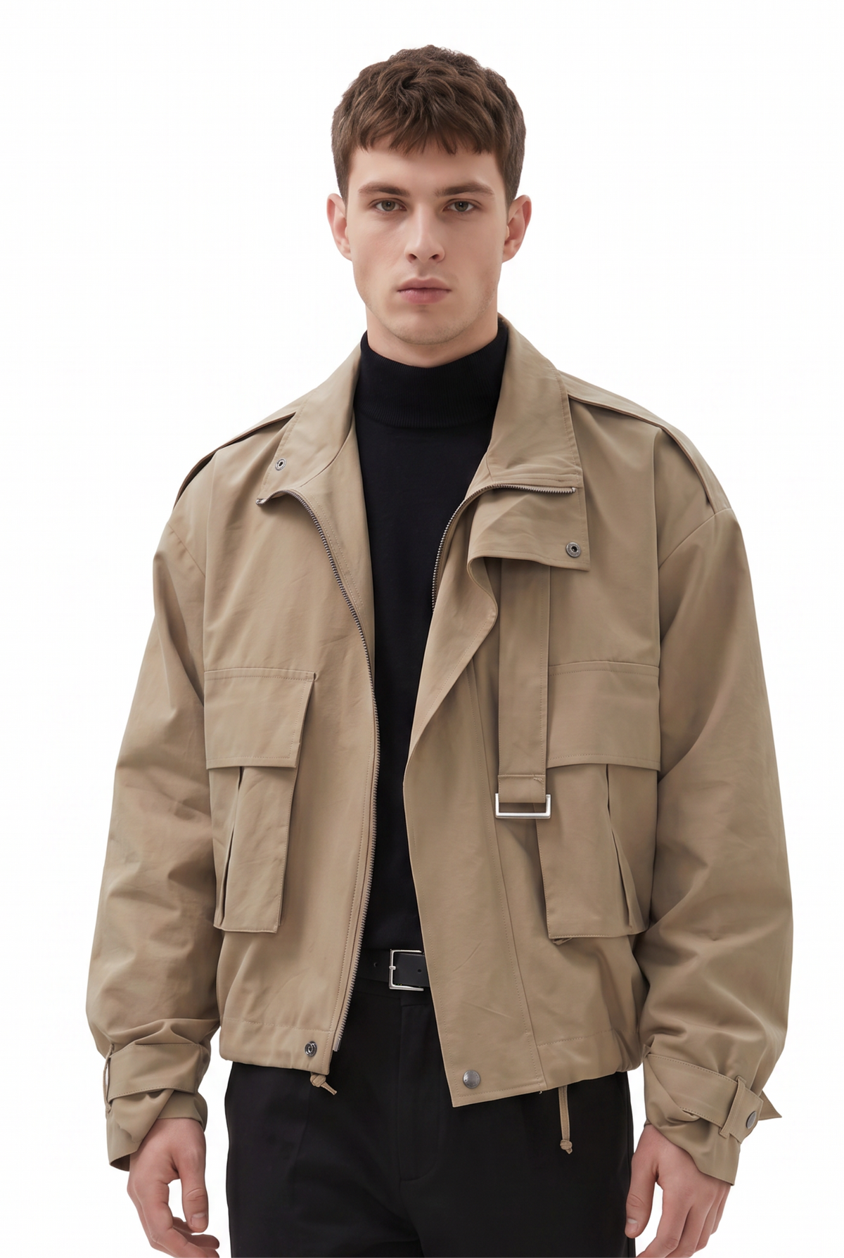 Belted Beige Utility Cropped Jacket