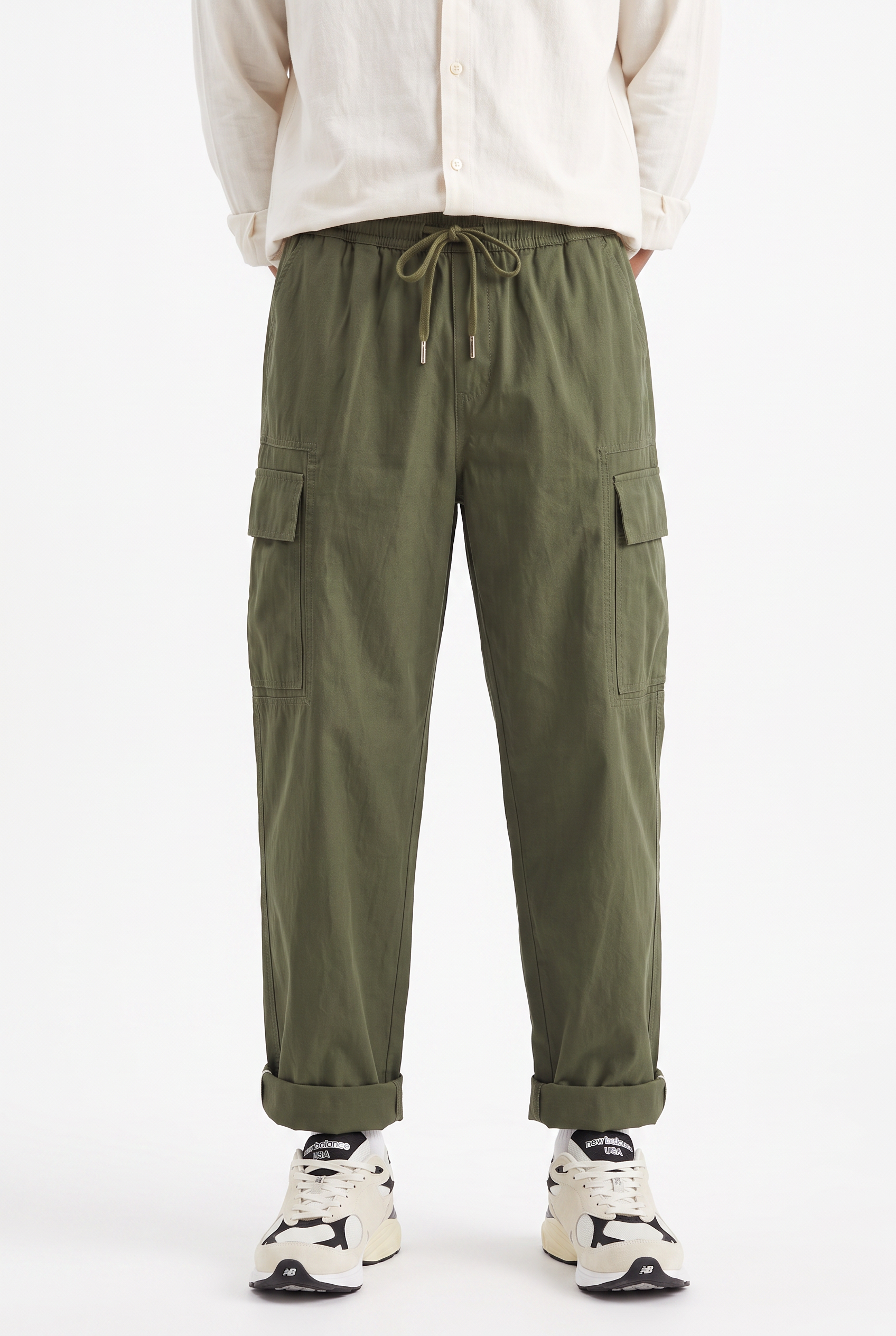 Olive Drawstring Straight Casual Trousers