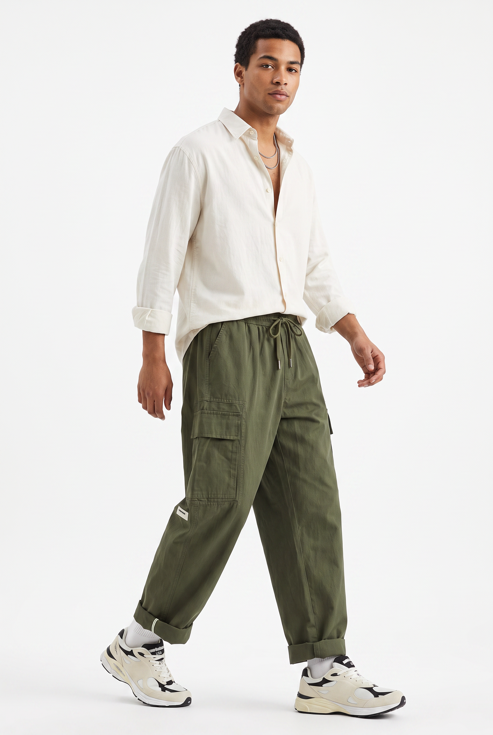 Olive Drawstring Straight Casual Trousers