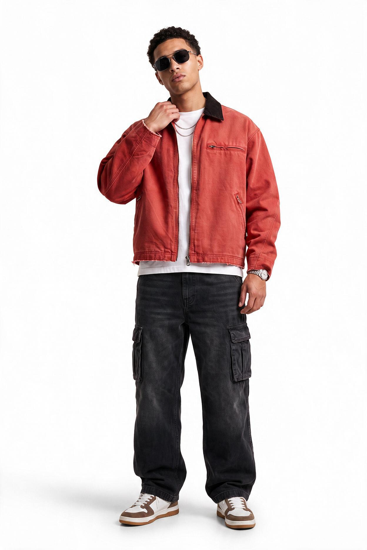Red Zip-Up Mandarin Collar Jacket