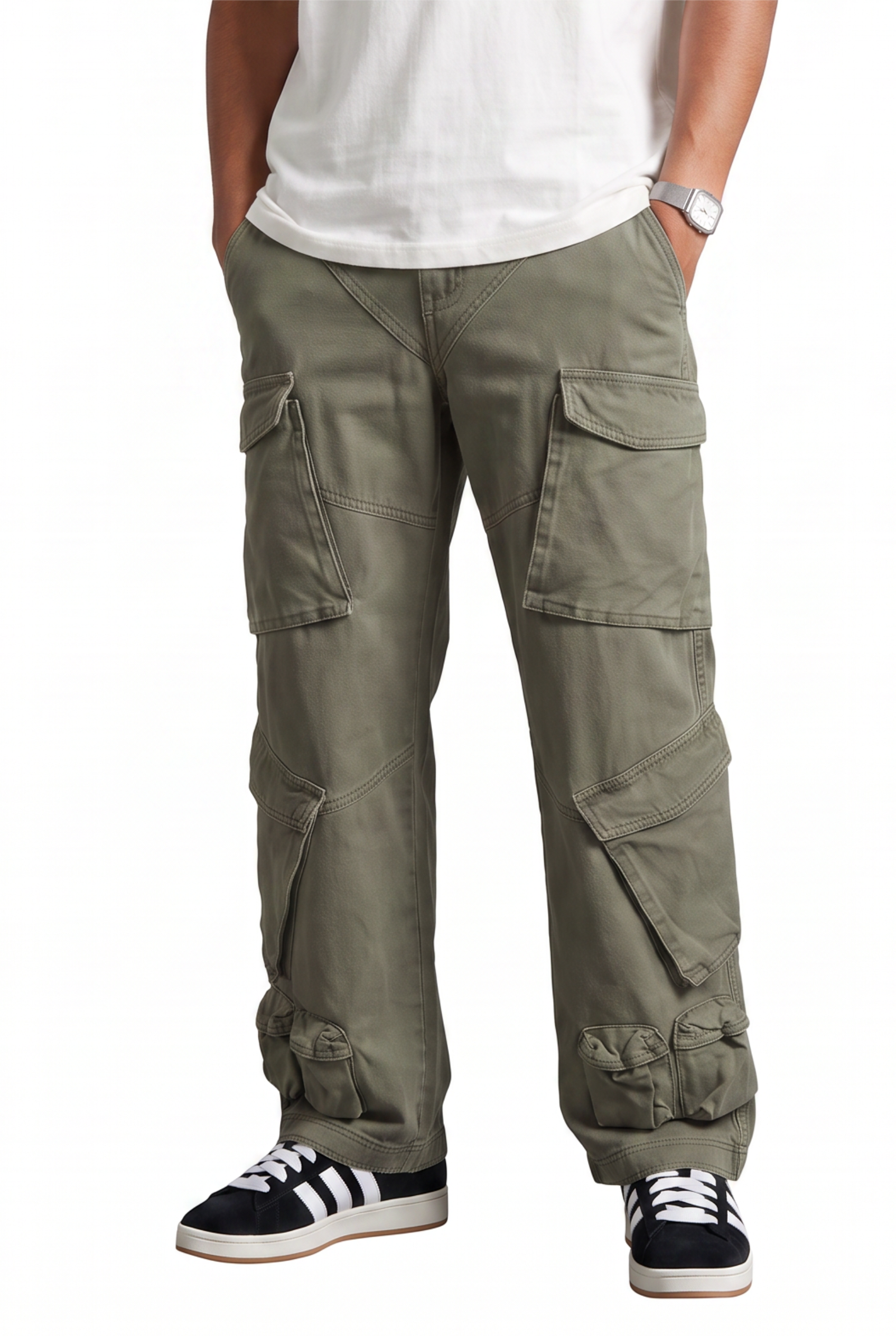 Olive Drawstring Straight Casual Trousers