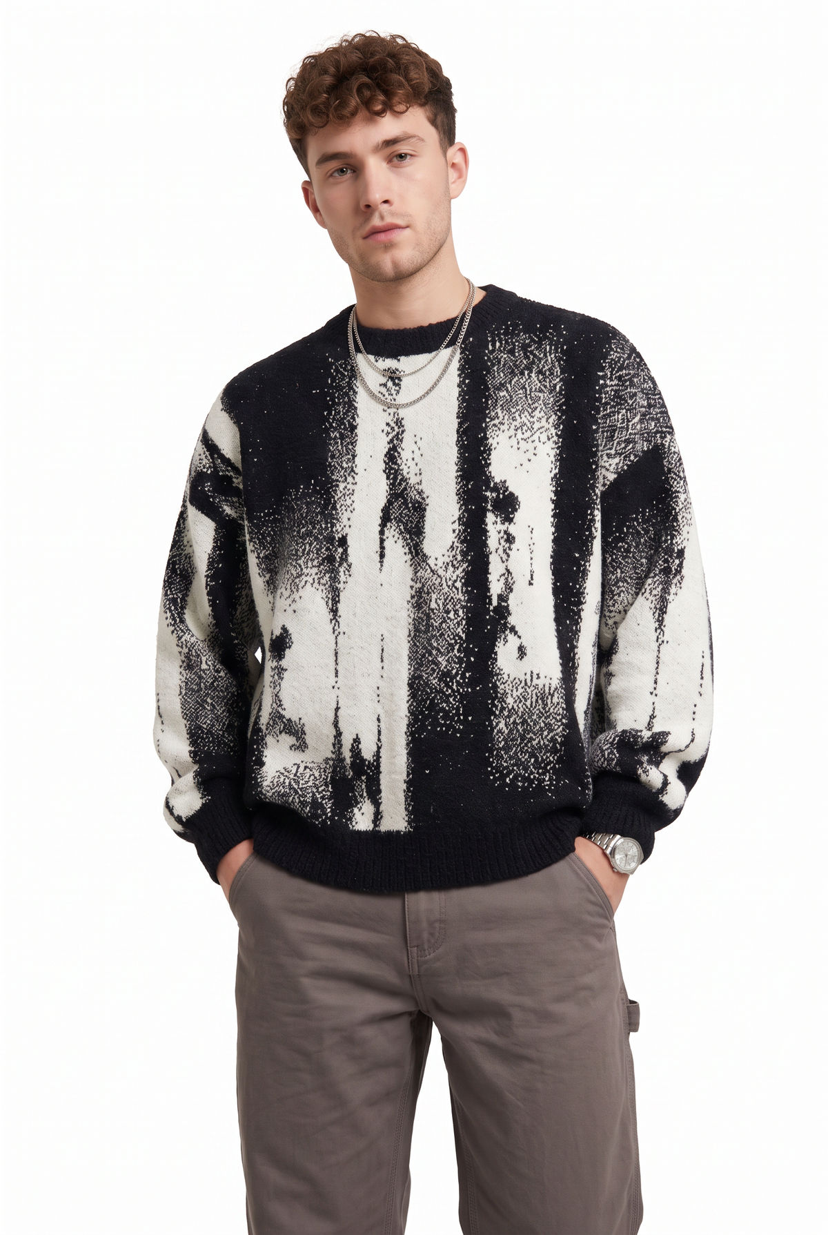 Abstract Black Jacquard Knit Sweater