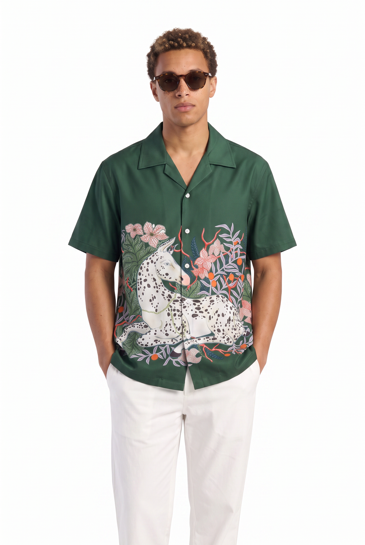 Camp Collar Green Printed Shirt