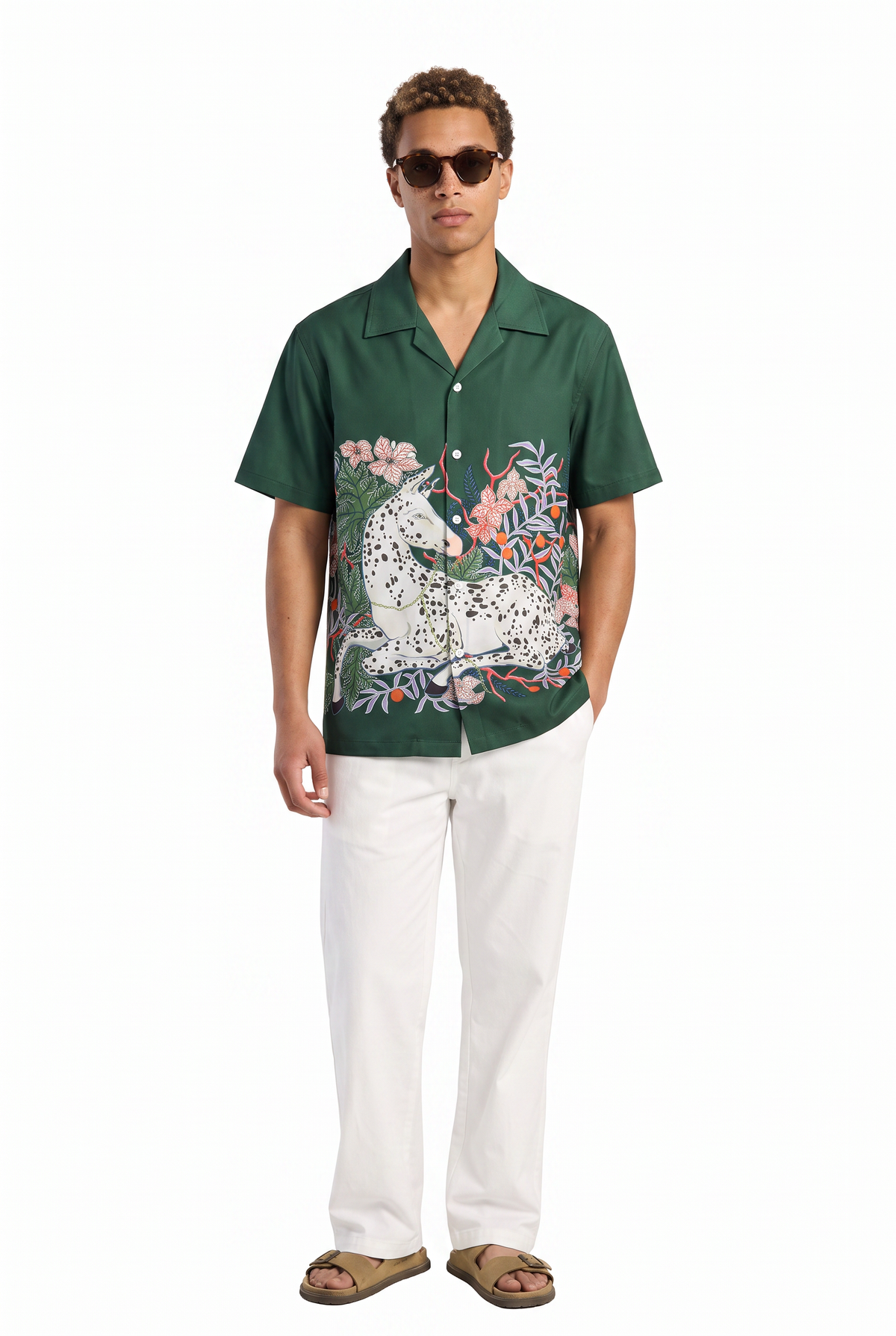 Camp Collar Green Printed Shirt