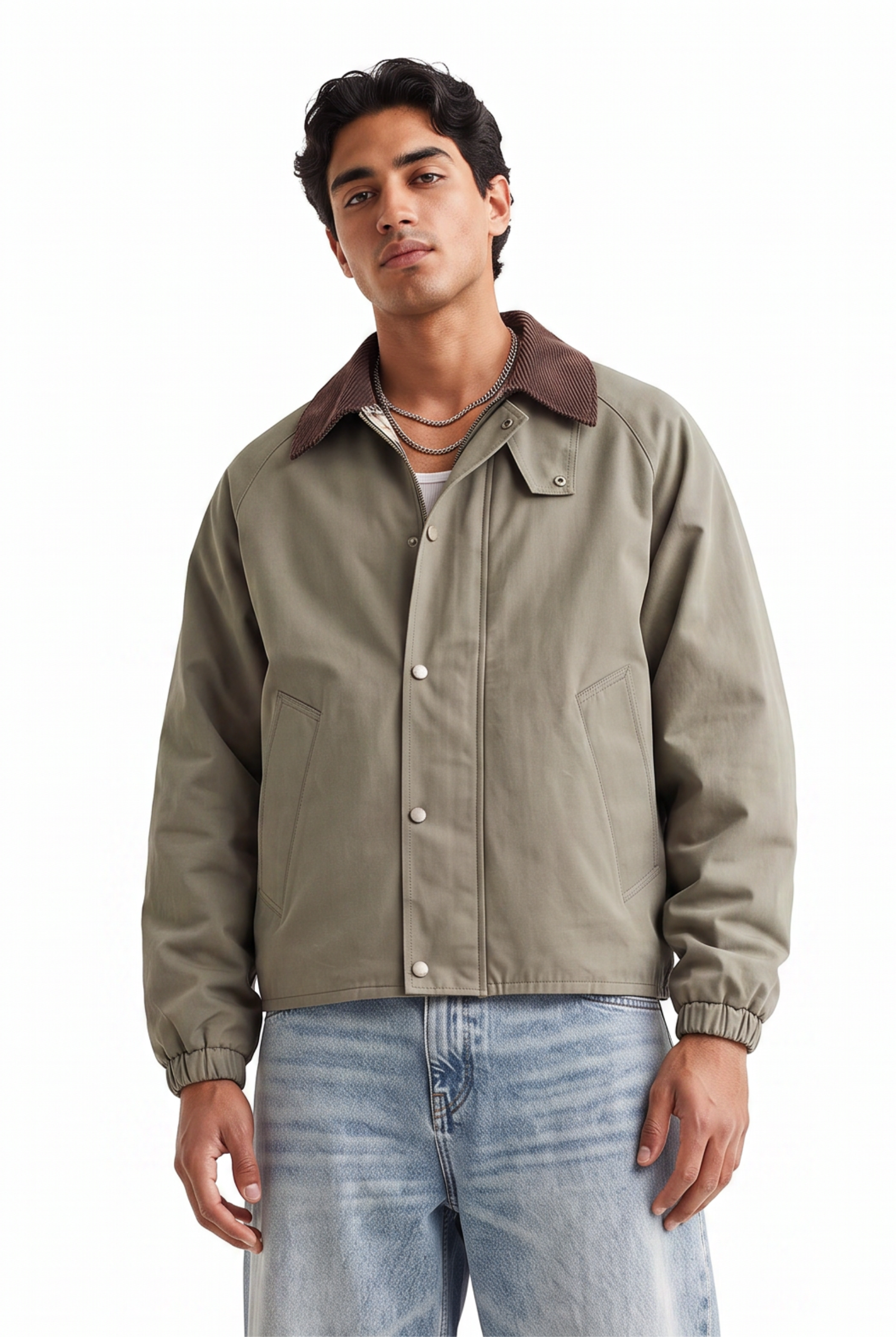 Beige Zip-Up Mandarin Collar Jacket