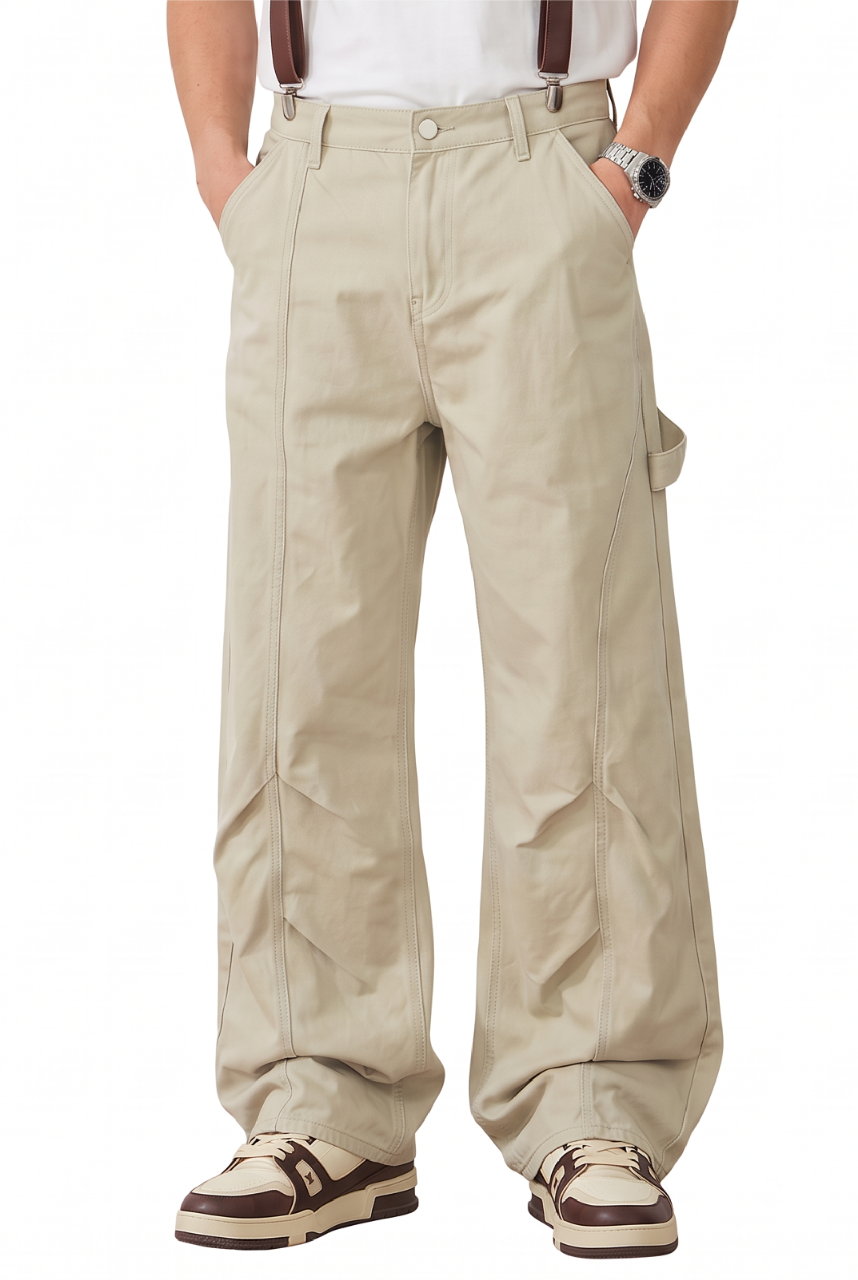 Cream Drawstring Straight Casual Trousers