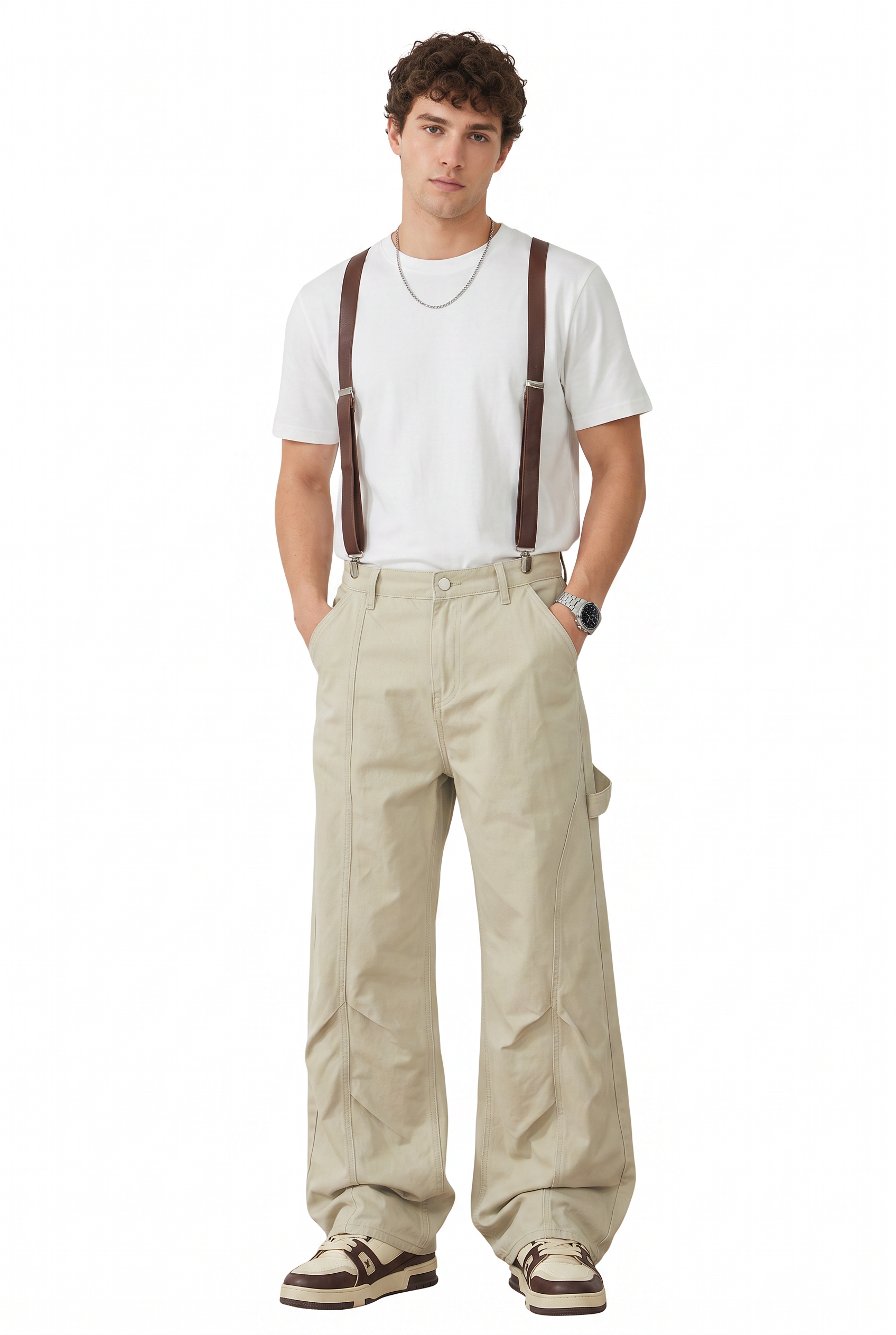 Cream Drawstring Straight Casual Trousers