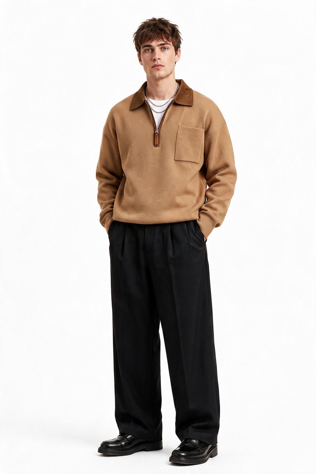 Brown Ribbed Crew Neck Sweater