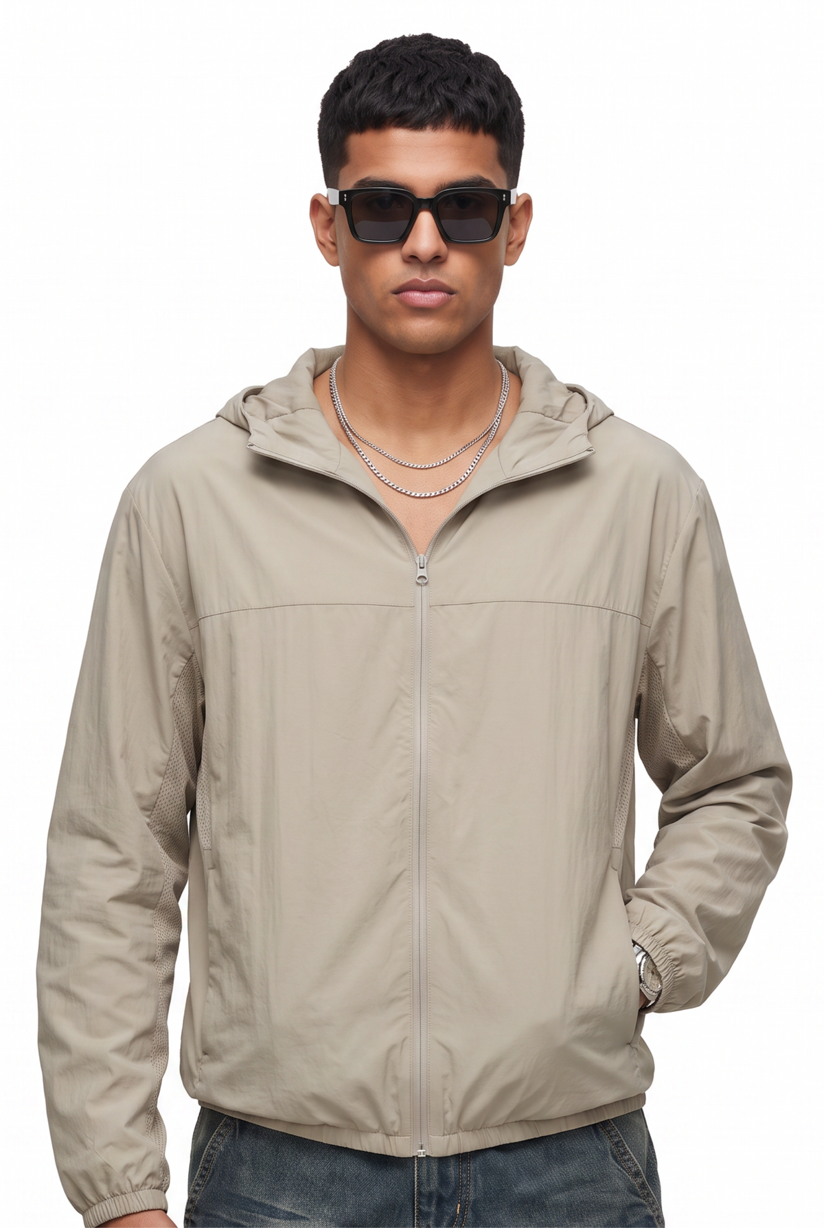 Lightweight Beige Hooded Windbreaker Jacket
