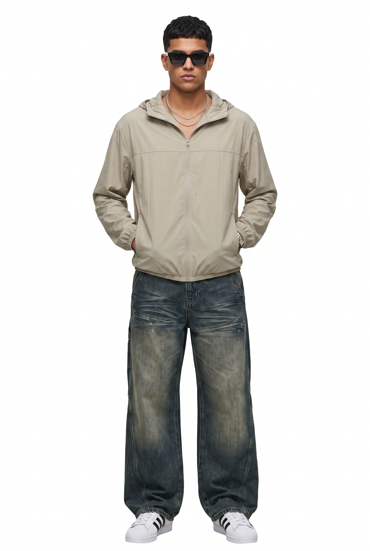 Lightweight Beige Hooded Windbreaker Jacket