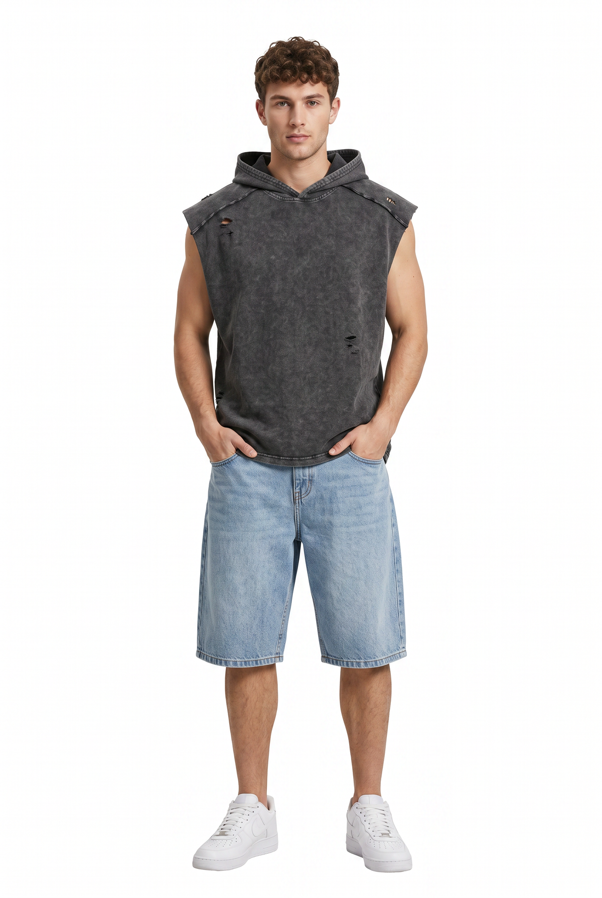 Distressed Charcoal Sleeveless Hoodie
