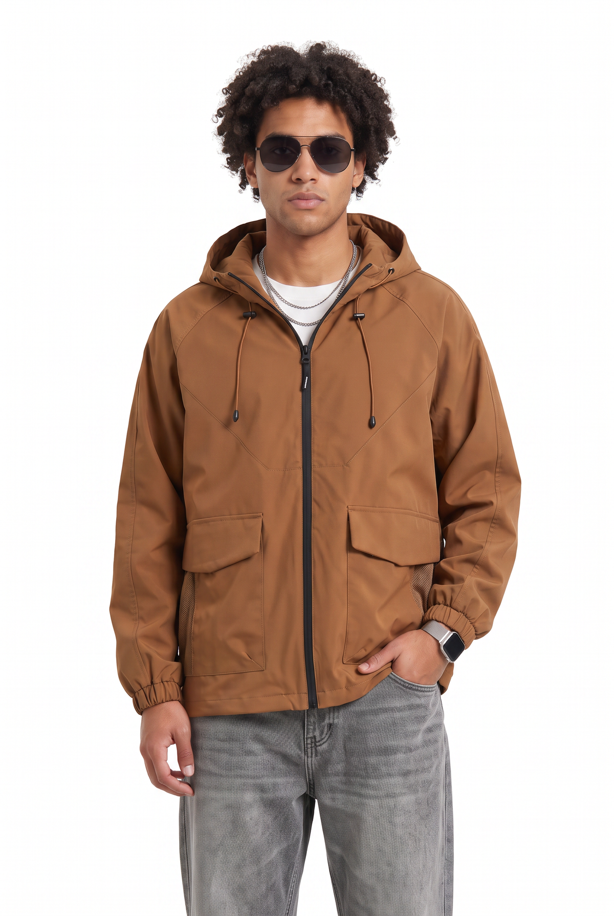 Hooded Brown Windbreaker Jacket