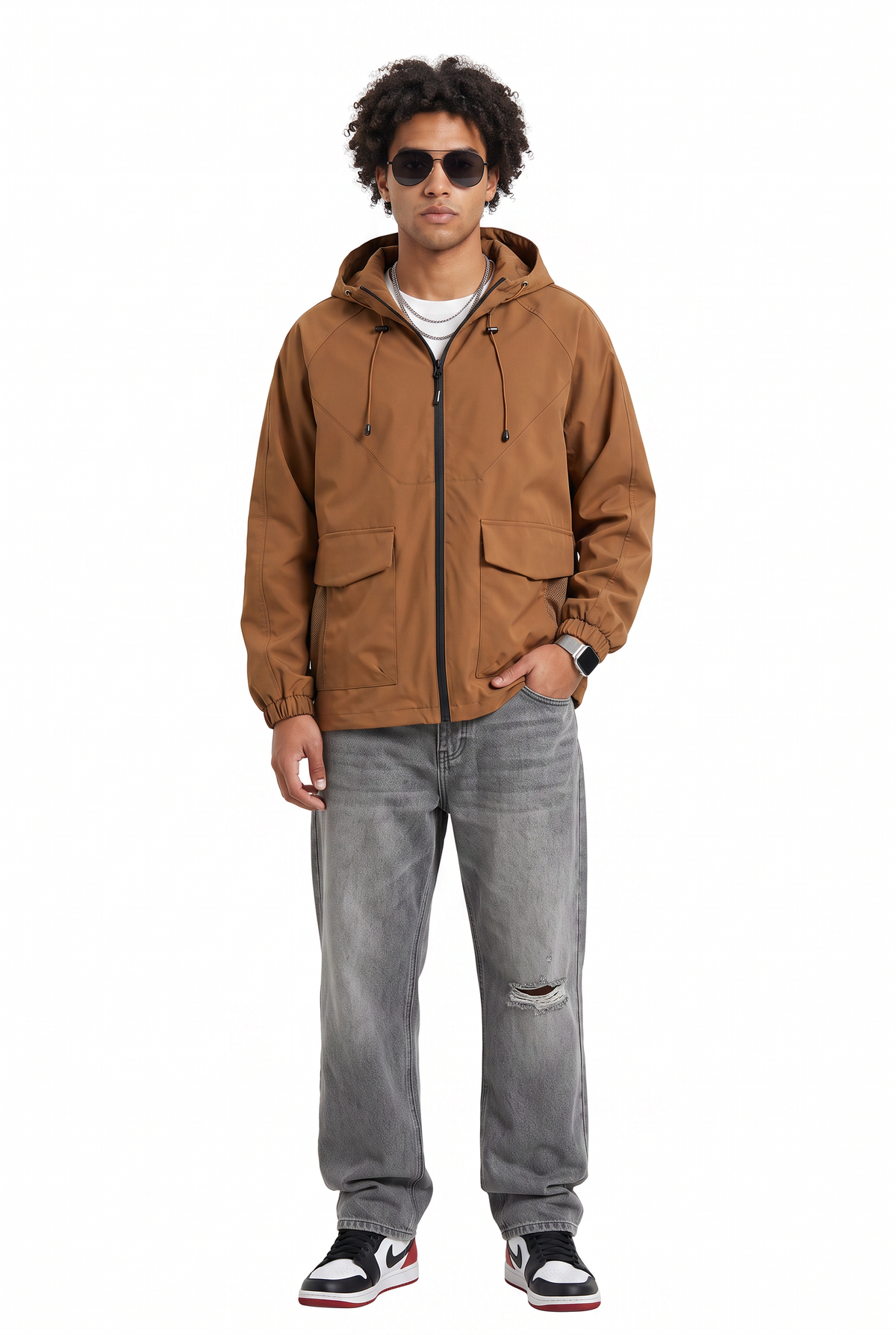 Hooded Brown Windbreaker Jacket