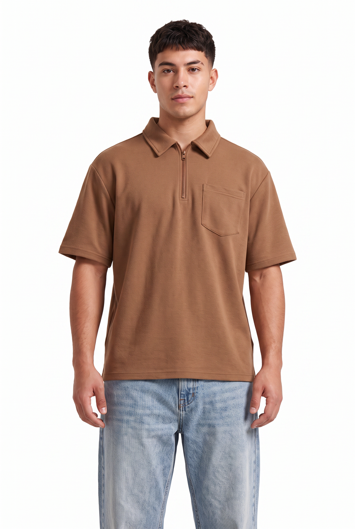 Zip Collar Brown Polo T-Shirt