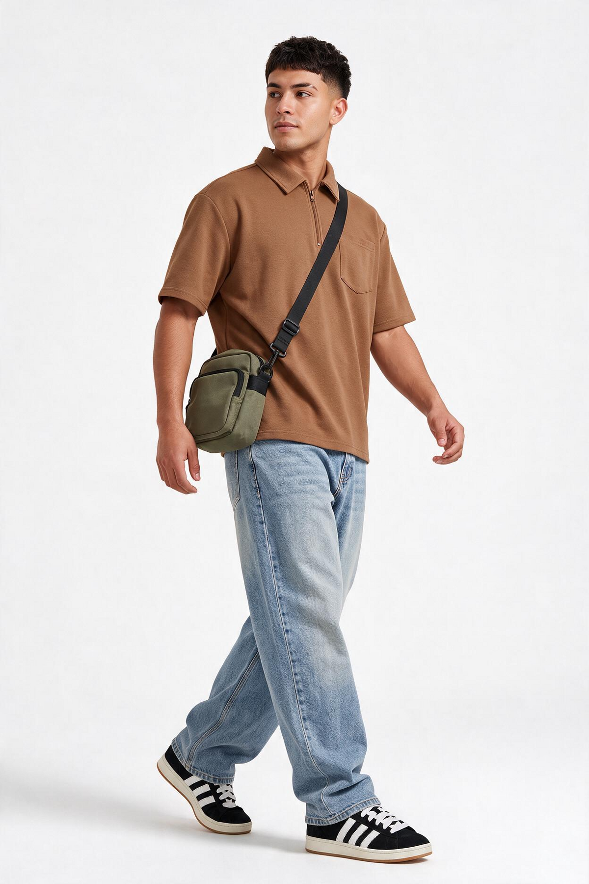 Zip Collar Brown Polo T-Shirt