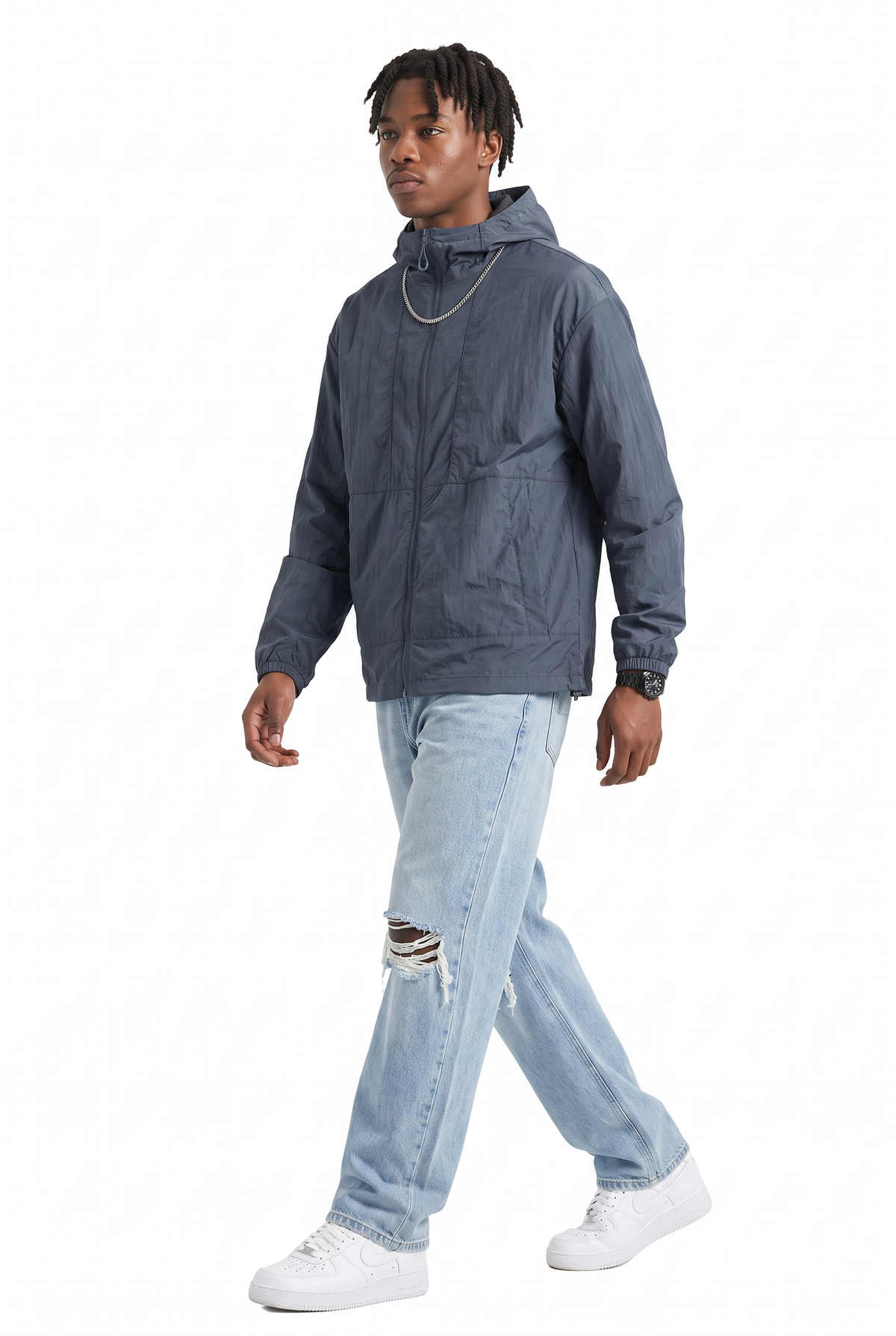 Crinkle Navy Hooded Windbreaker Jacket