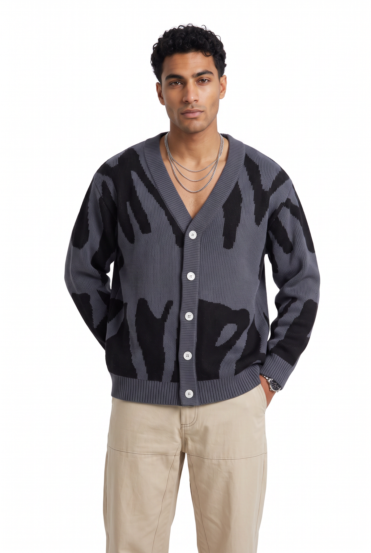 Jacquard Grey Knit Cardigan