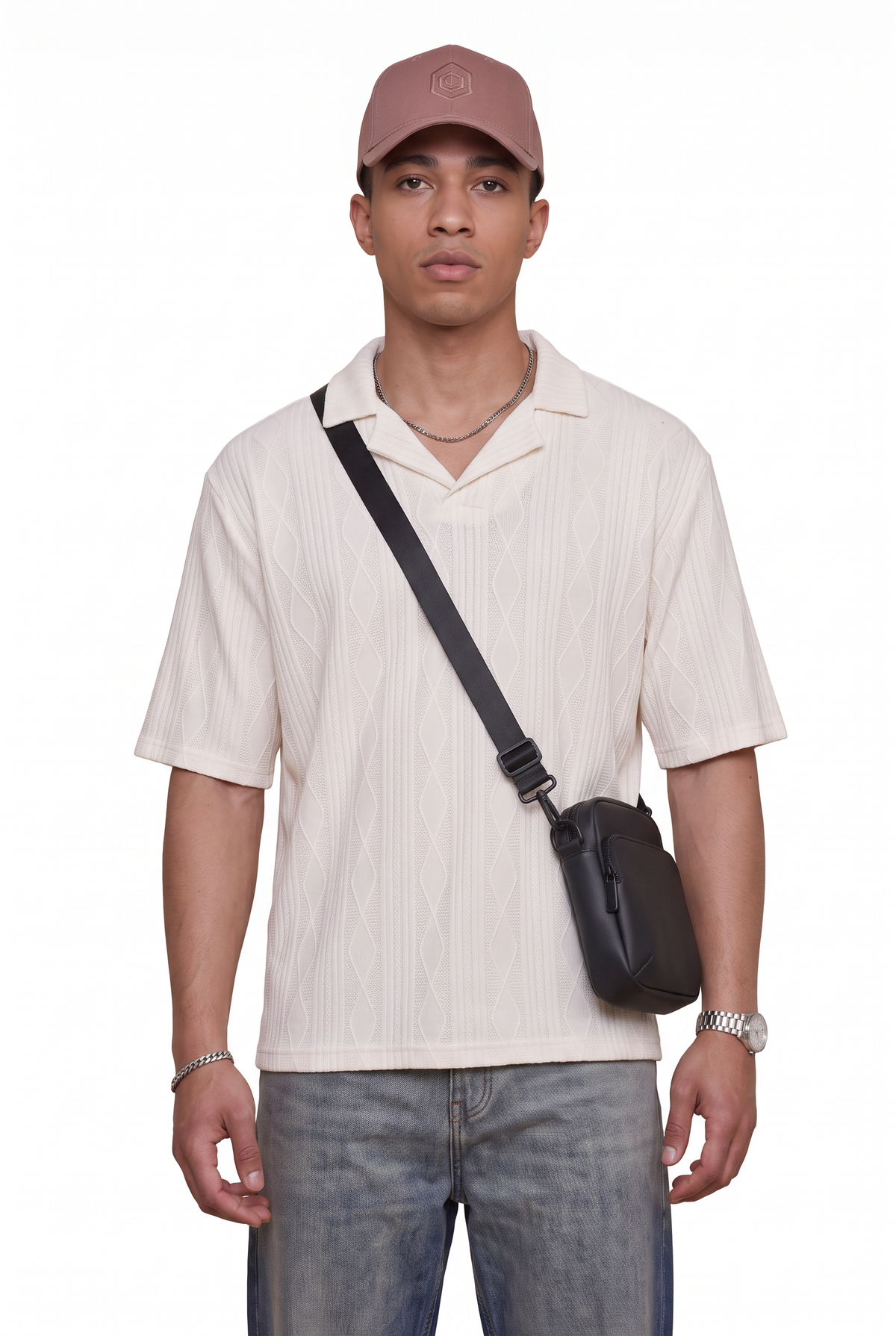 Textured Cream Open Collar Polo