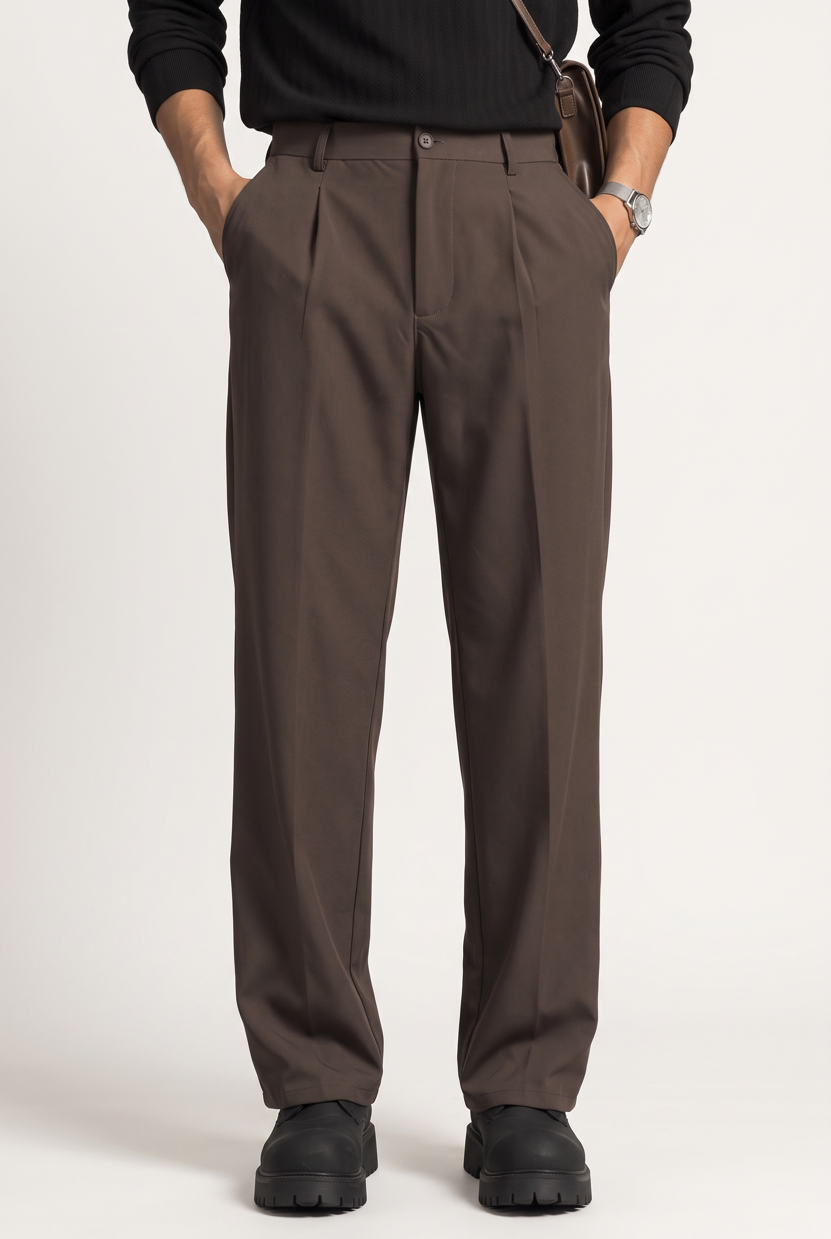 Brown Flat Front Slim Formal Trousers