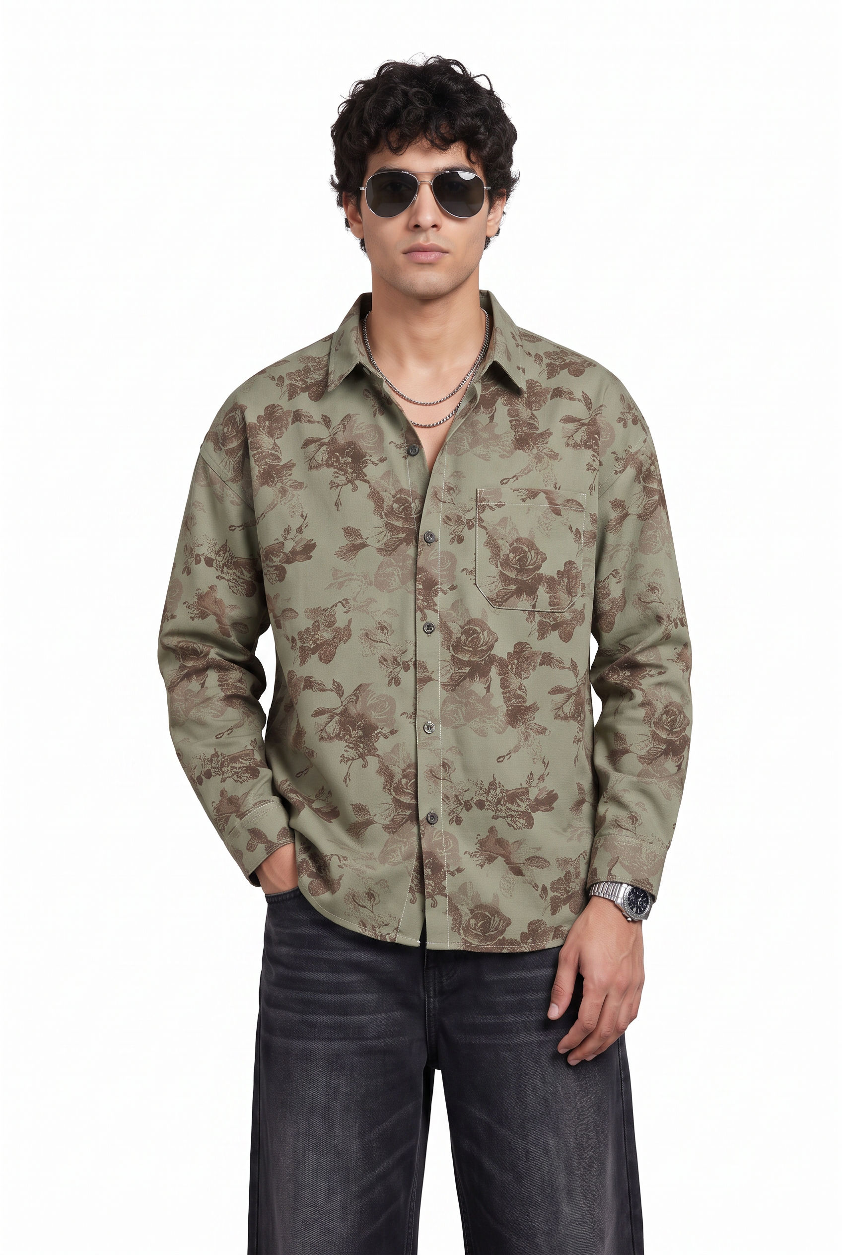 Olive Chest Pocket Casual Shirt