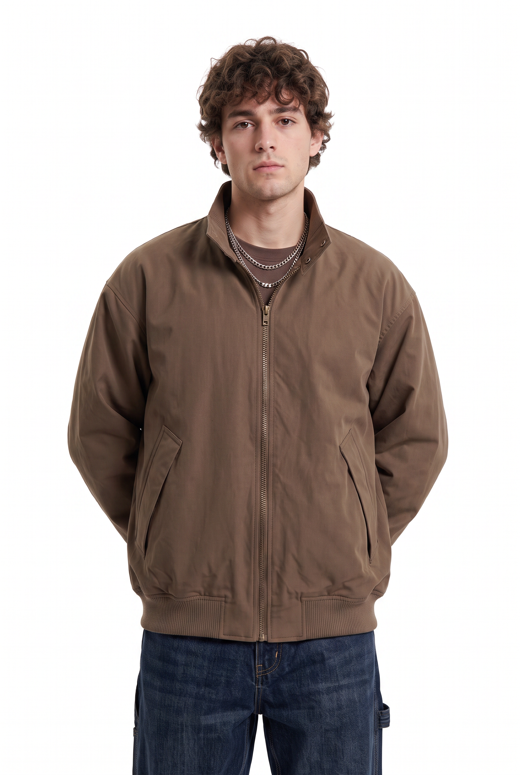 Brown Zip-Up Mandarin Collar Jacket