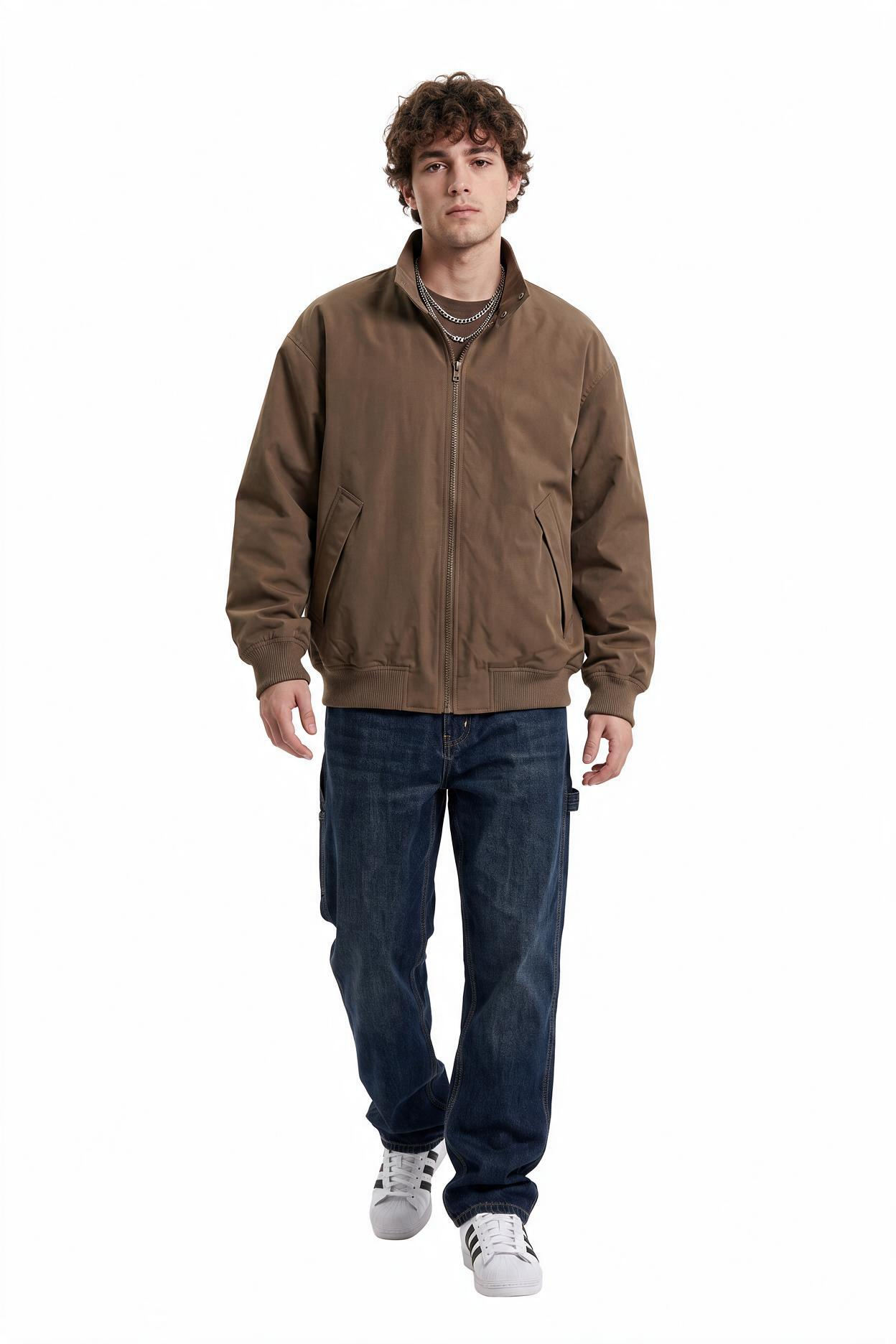 Brown Zip-Up Mandarin Collar Jacket