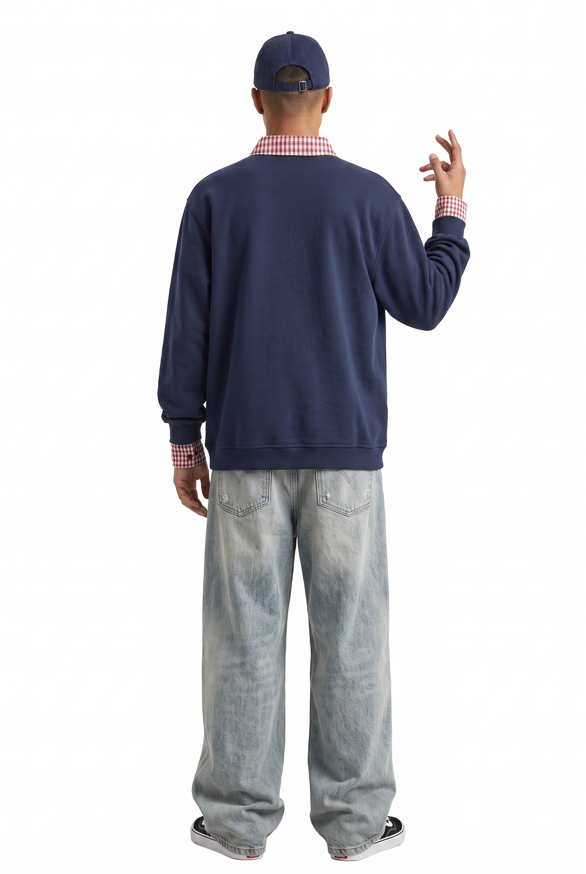 Gingham Collar Navy Polo Sweatshirt